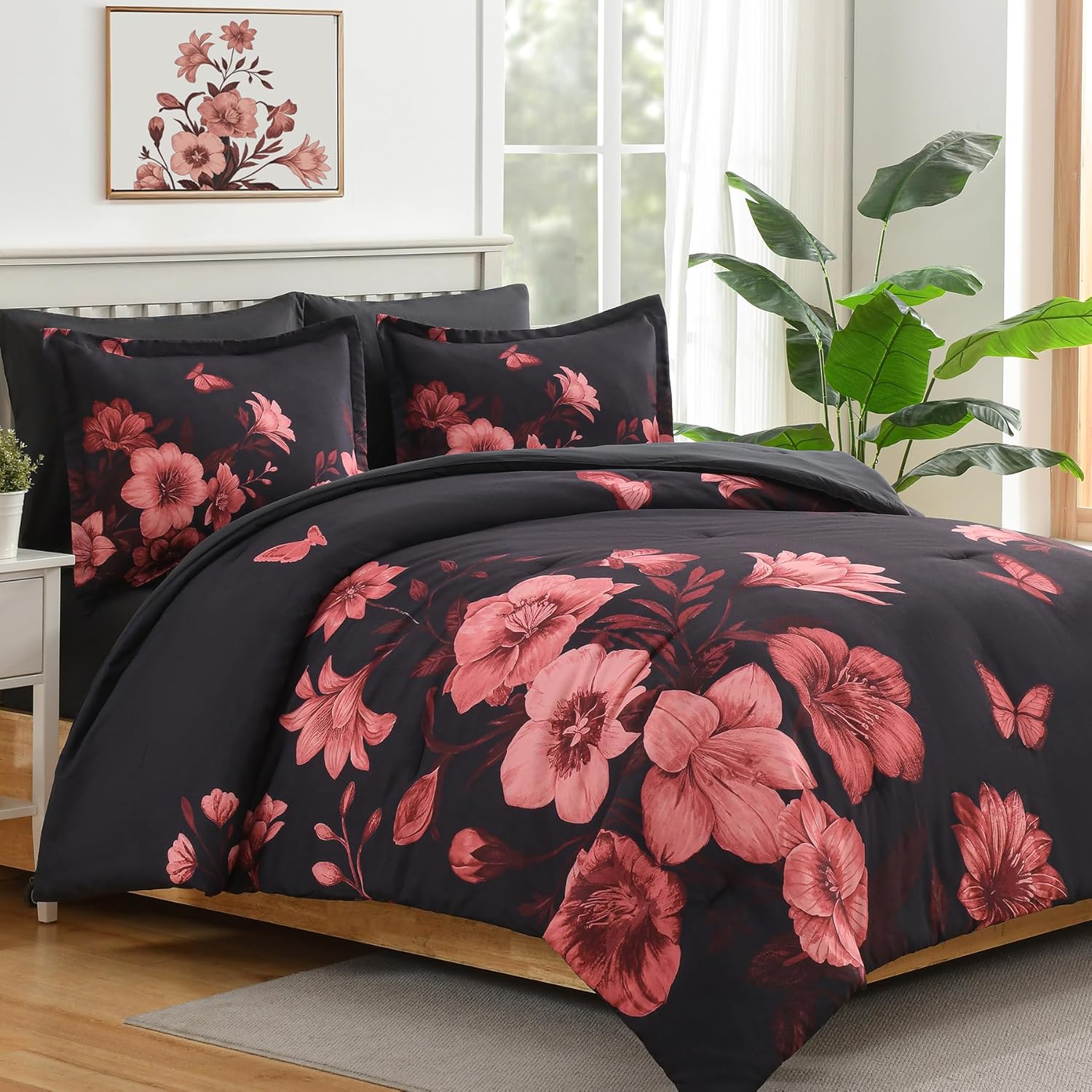 Floral Comforter Set Queen Size, 7 Piece Black Bed in a Bag, Elegant Flower Pattern Comforter Set with Sheet, Soft Microfiber Complete Bedding Sets for All Season - Image 2