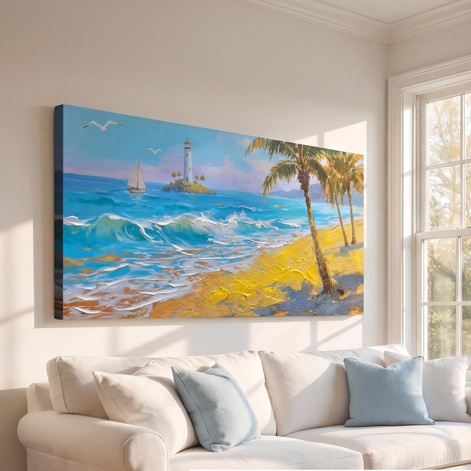coastal beach wall art canvas for living room 48"x24", blue ocean picture, nautical paintings wall decor textured artwork framed for bathroom bedroom kitchen dining room office home office 48"l x 24"w blue ocean beach