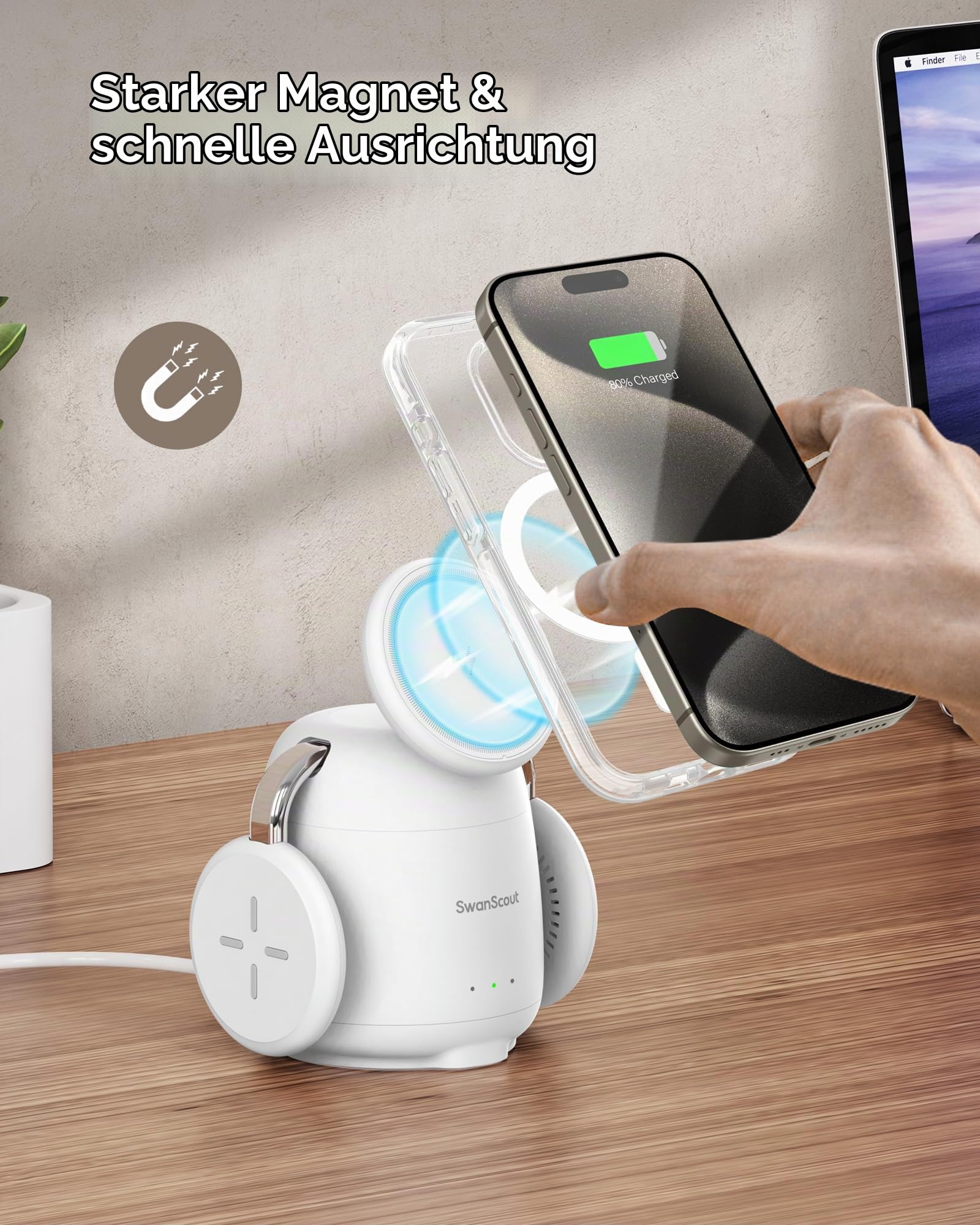 Induktive Ladestation für iPhone, Magnetisch Kabelloses Ladegerät für iPhone 17e/Air/17 Pro/17 Pro Max/17/16/15/14/13/12, Apple Watch Ultra 3/2/SE 3/2/11/10/9/8/7, AirPods, SwanScout 707M (No Adapter)