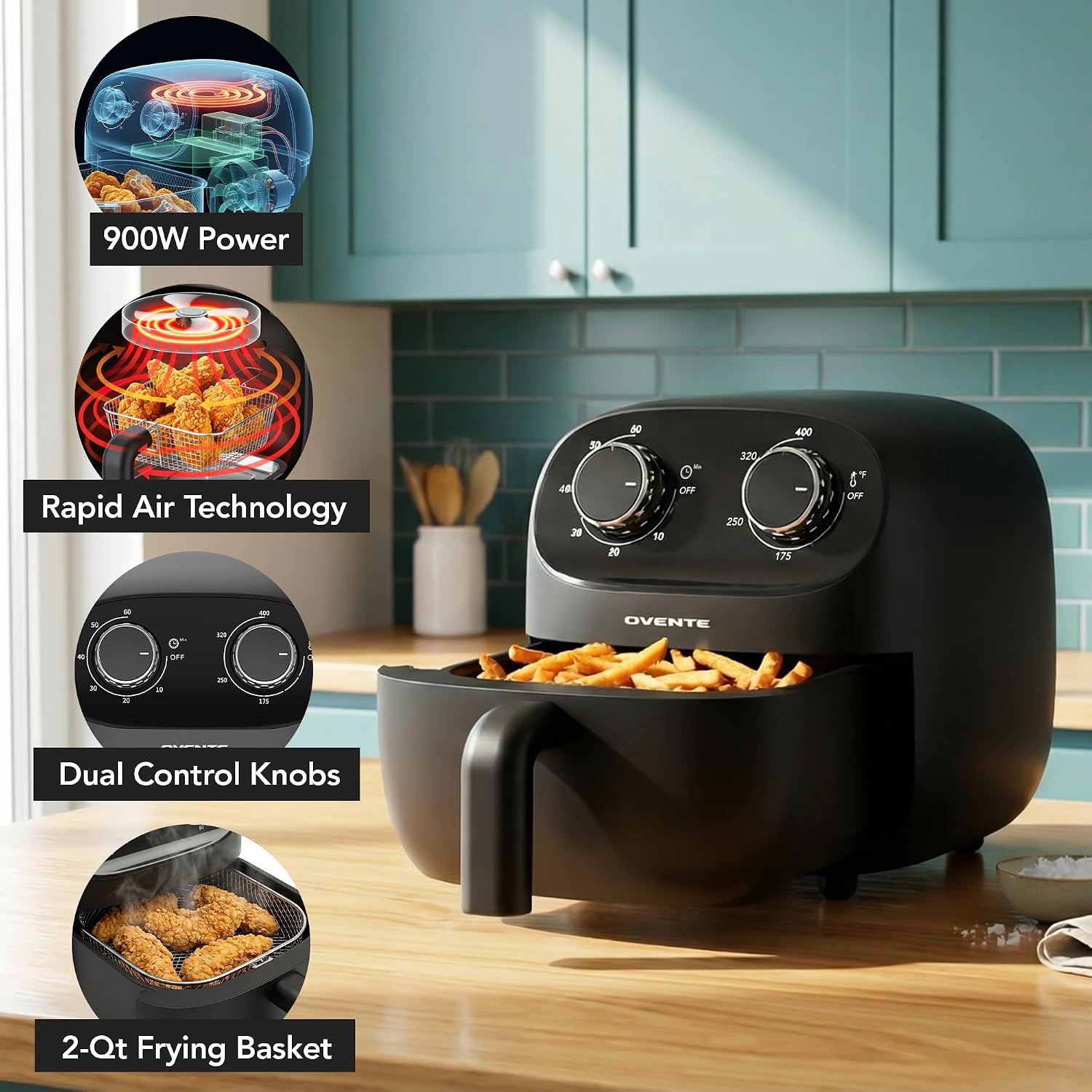 OVENTE 2QT Compact Air Fryer for 1–2 People, 900W Small Oil-Free Fryer with Manual Dual Knobs, Adjustable Temperature, 60 Minute Timer, Auto Shutoff & Dishwasher Safe Nonstick Basket, Black FAM18900B