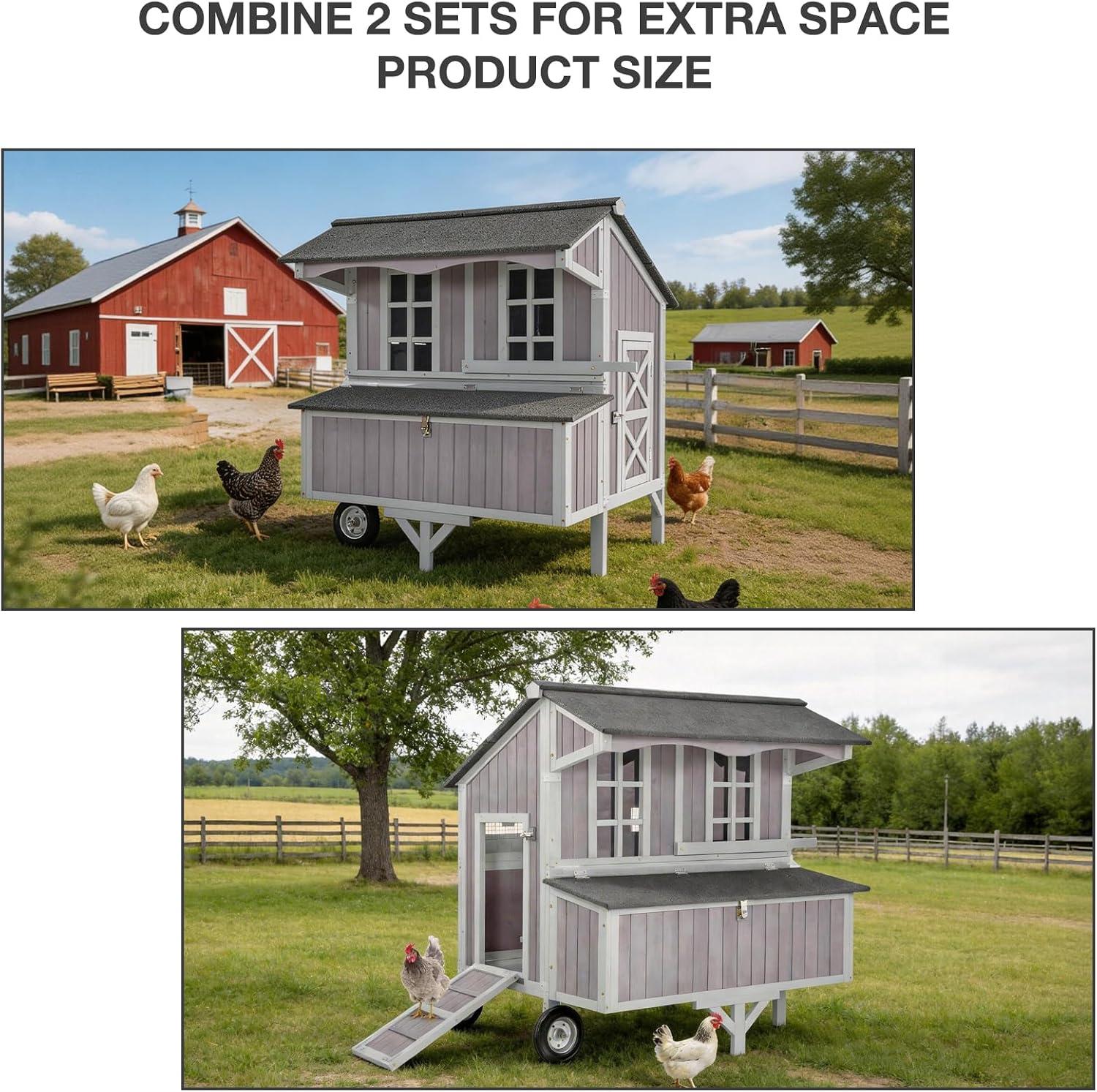 GUTINNEEN Chicken Coop with Large Wheels for 3-6 Chickens, Mobile Wooden Hen House with 3 Nesting Boxes, Removable Tray, Durable Outdoor Duck Coop Rabbit Hutch