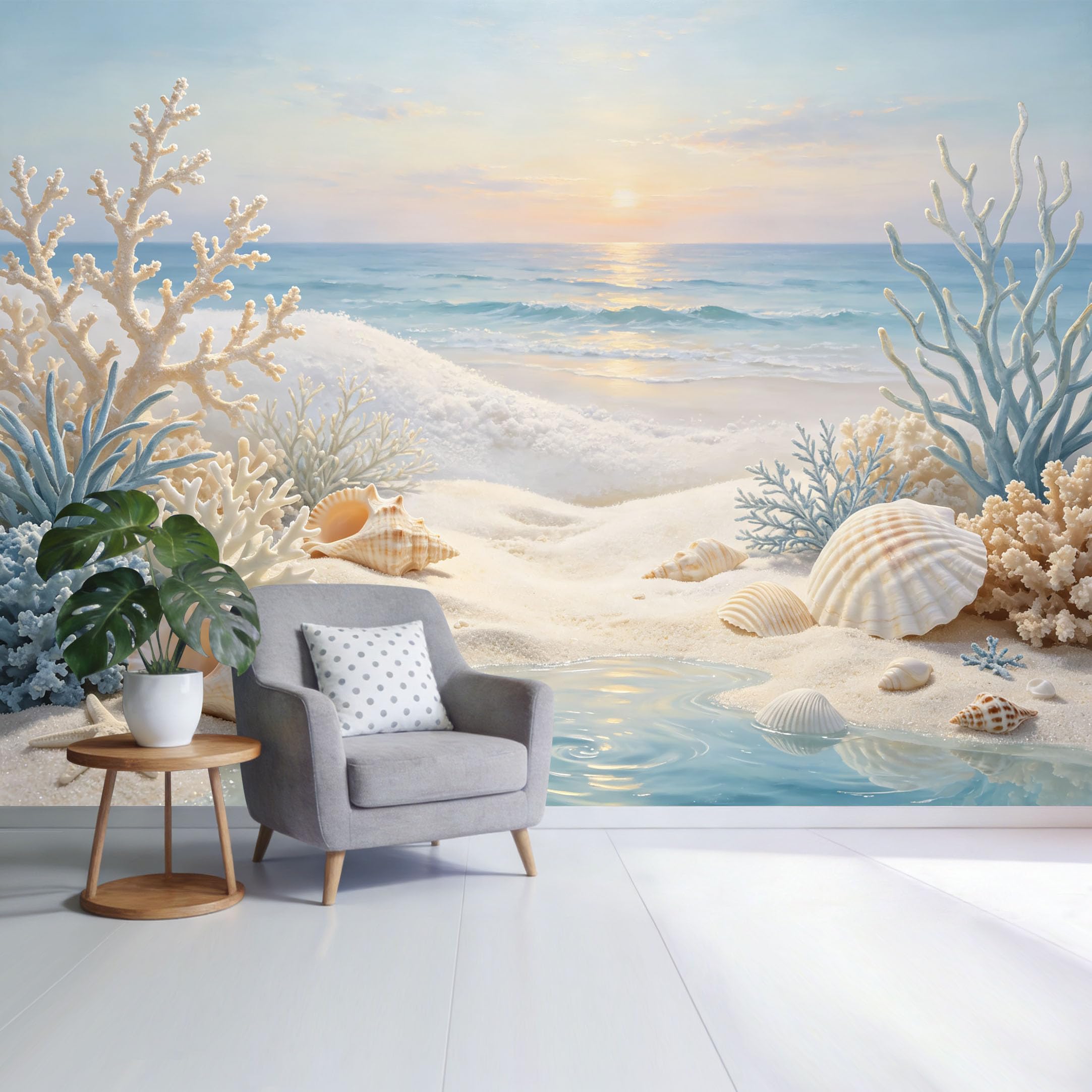 Custom Size Wall Mural Coastal Ocean Coral Seashell Beach Sunrise Scene SelfAdhesive Wall Fabric Removable Wallpaper for Home Office Decor