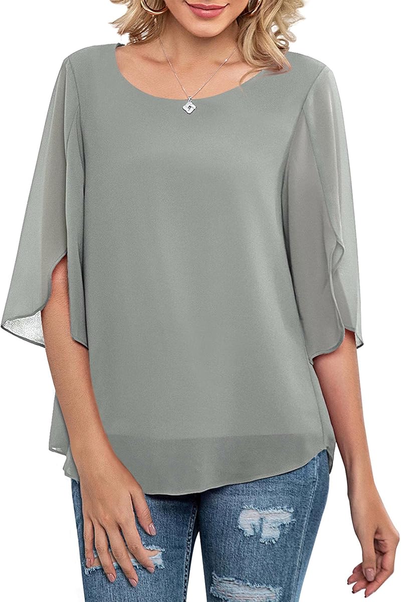Women's Chiffon Blouse 3/4 Ruffle Sleeve Double-Layer Tops | Scoop Neckline, Two-Layer Fabric, Lightweight, Not See-Through, Floral & Solid, Loose Fit, Perfect for Spring, Summer, Fall