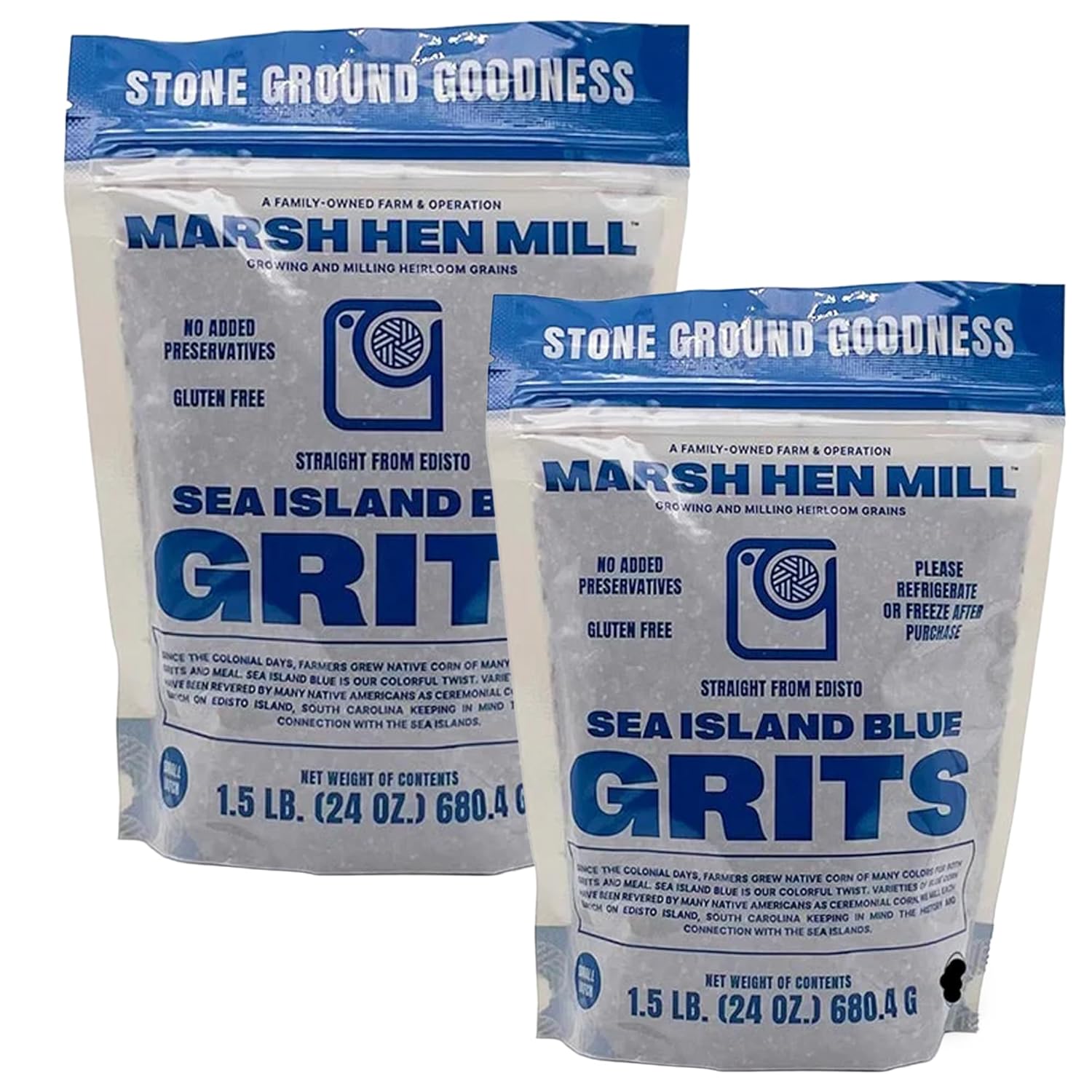 Marsh Hen Mill Sea Island Blue Grits | Stone Ground Grits | Gluten Free Old Fashioned Grits | Southern Heirloom Corn Grits with a Hearty, Fruity, Nutty Flavor | 100% Natural | 24 Oz (Pack of 2)