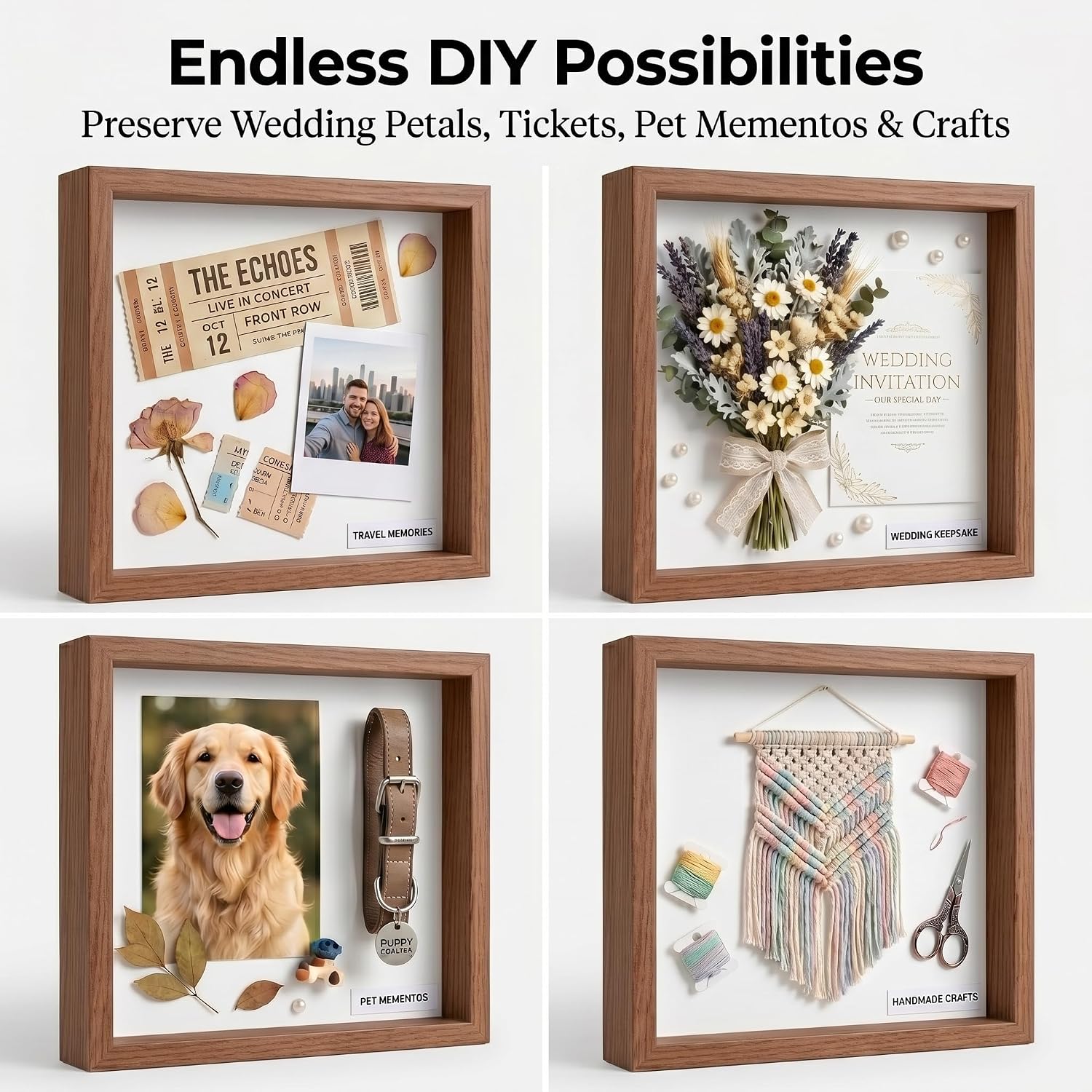 2 Pcs 8x8 Shadow Box Picture Frame Display Case Black Deep Shadow Memory Box Frame for Flower Pet Wedding Photo Craft Memorial Gift (Wood Grain+Dark Walnut)