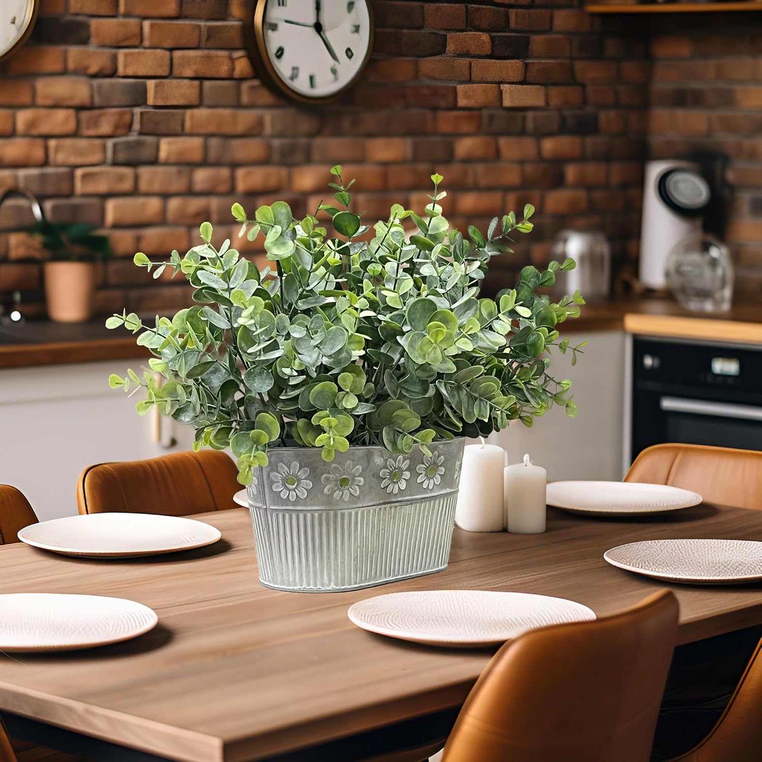 Artificial Potted Eucalyptus Plants, Fake Greenery Plant Arrangements in Rustic Rectangular Pot Table Centerpiece, 1-Pack image 5