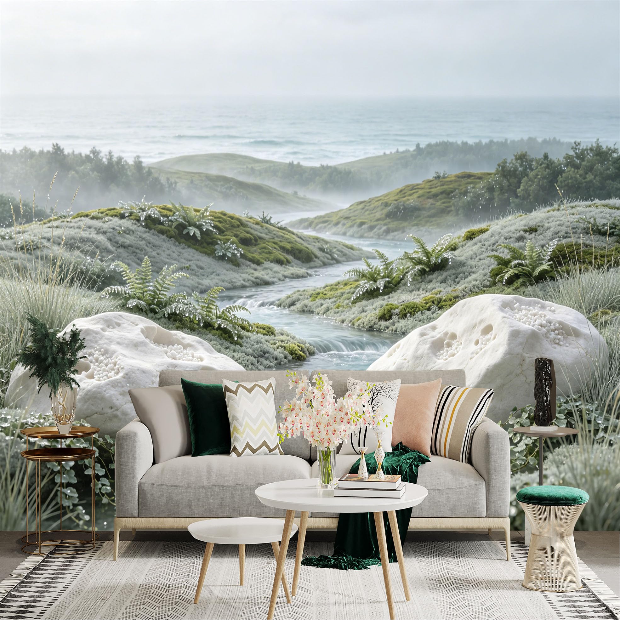 Custom Size Wall Sticker Mural， Misty Coastal Stream with White Rocks and Green Ferns， for wall Decoration， peelandstick wall Decals.