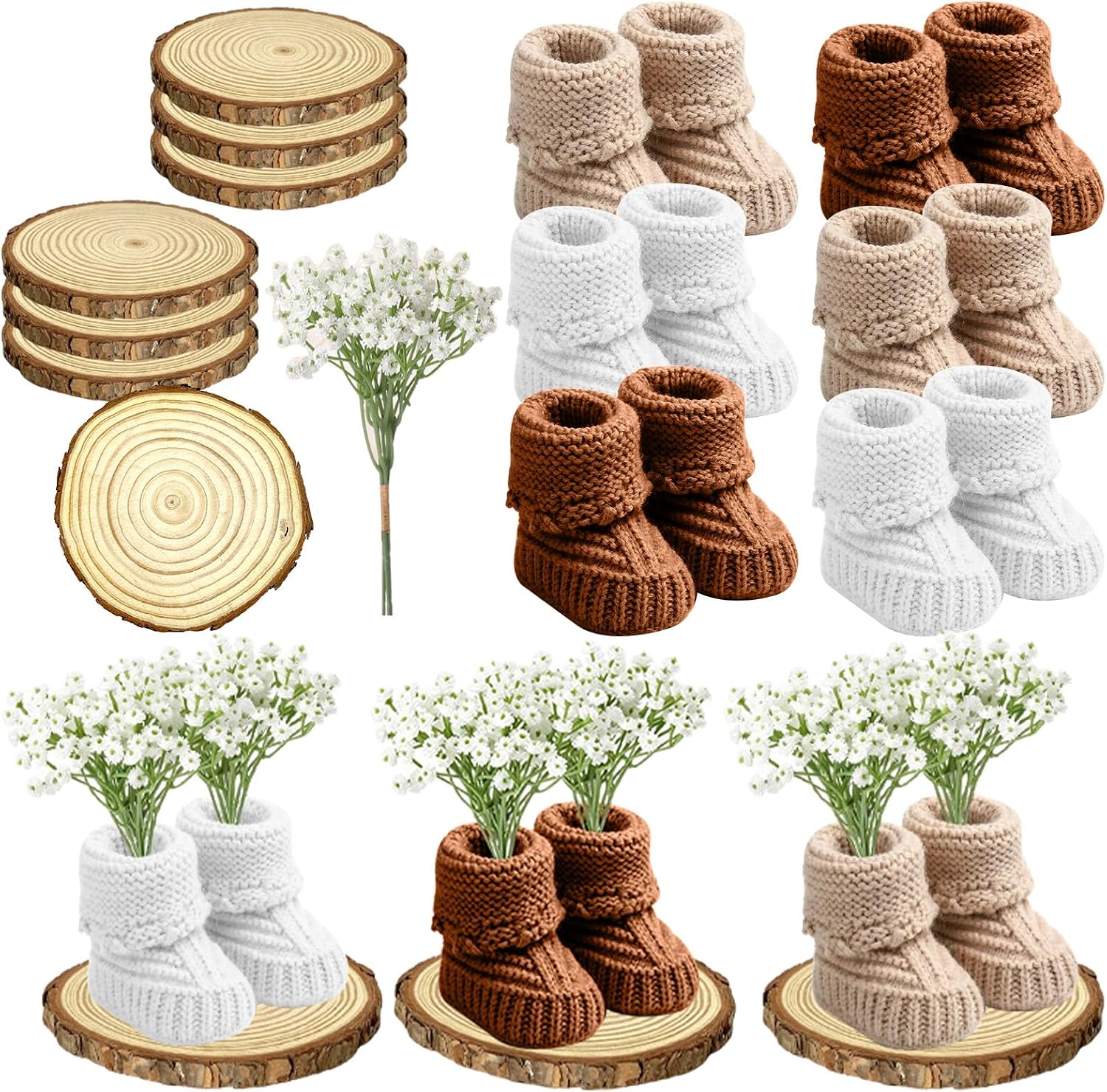 6 Set/ 36 Pcs Baby Shower Centerpieces Decor for Tables Crochet Knitted Mini Baby Booties with Artificial Breath Flowers and Wood Slices Boho Rustic Table Decor Gender Reveal Party Decor