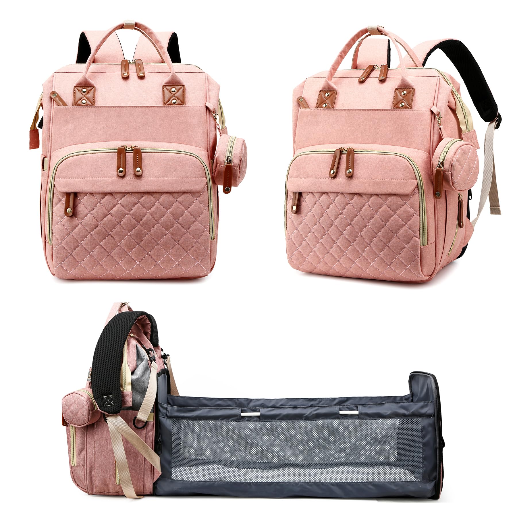 Fexkean Wickeltasche Rucksack Baby Wickelrucksäcke mit Großer Reisewindeltasche mit faltbarem Kinderbett mit Multifunktions Babytaschen Wickelauflage Babybettrucksack-Pink