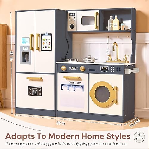 Miniatura 5 de Juego de cocina para niños con diseño realista, cocina de lujo con gabinetes de almacenamiento extendidos, cocina de juguete para niños pequeños