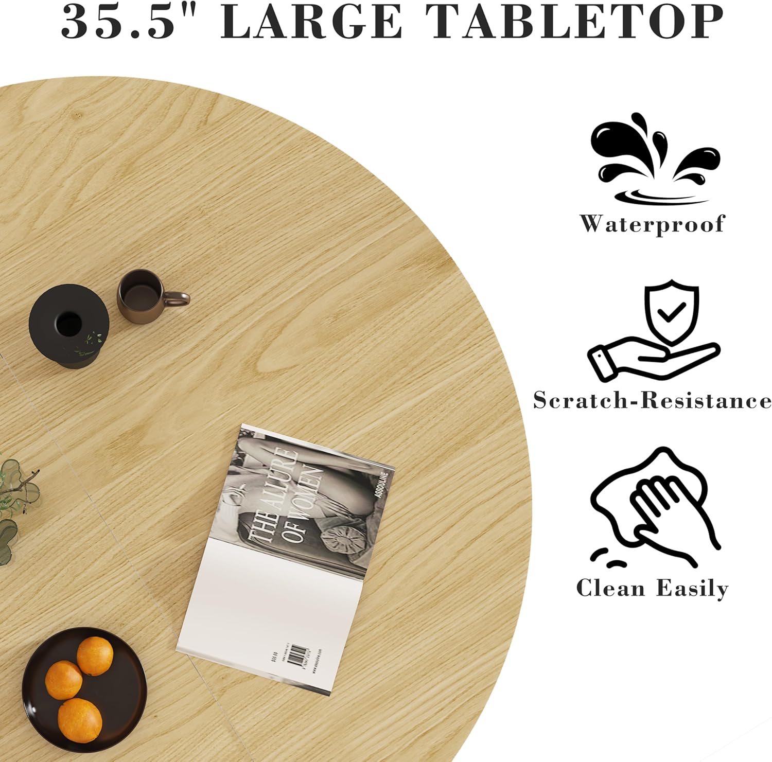35.5'' Round Pedestal Dining Table, Modern Fluted Dining Room Kitchen Table with Storage Shelf, Wood Base Dinner Tables for Kitchen, Breakfast Nook, Small Space, Living Room(Natural)