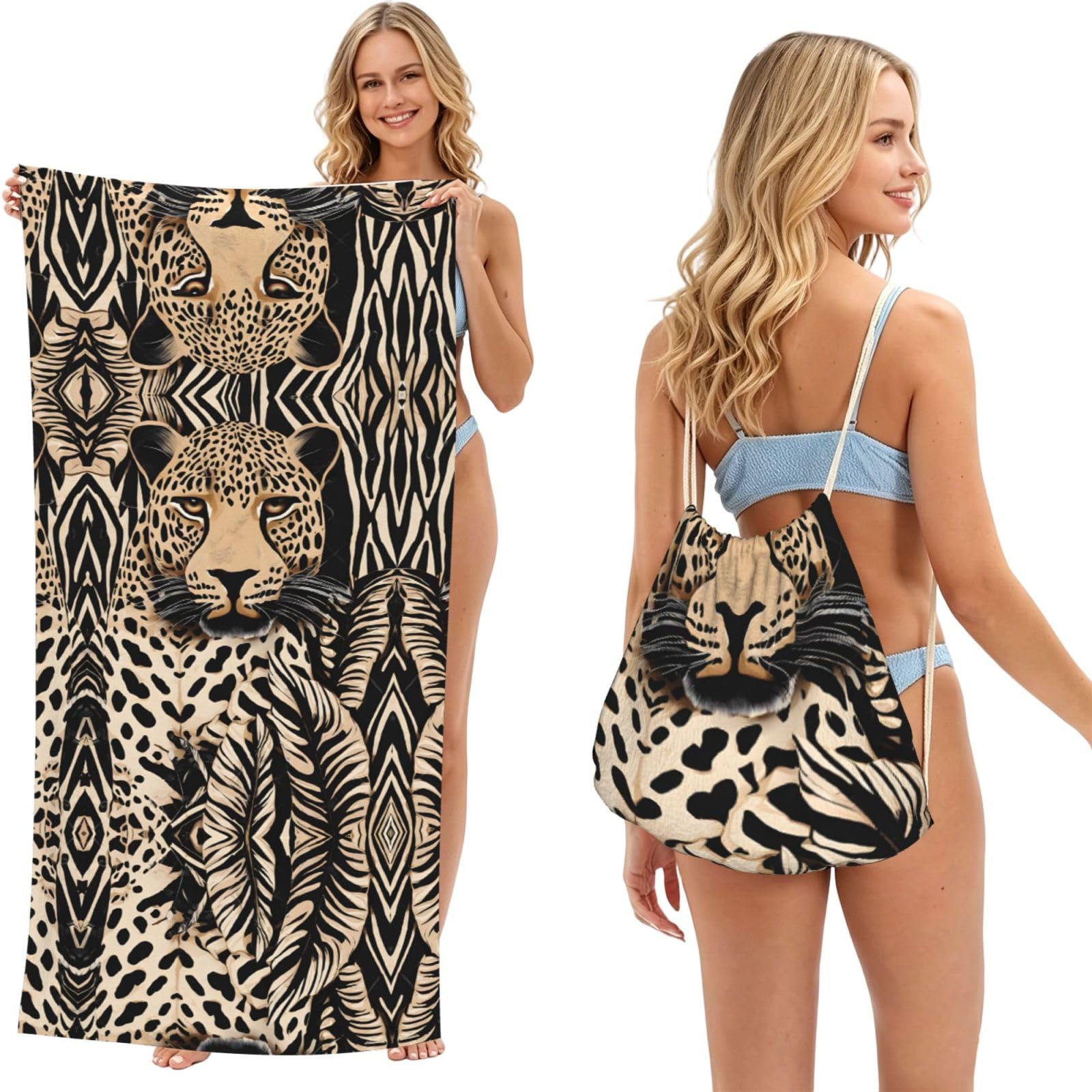 ESNAIUVCD Leopard Pattern Print Beach Towel For Adults,Towel With Drawstring Bag, Travel Pool Swimming Sports Shower Sand Free Quick Dry Bath Towel For Pool, Beach, Yoga- 180x60cm