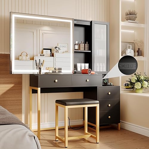 Juego de tocador con espejo iluminado, escritorio de maquillaje con 2 cajones y taburete acolchado, mesa de maquillaje grande para dormitorio con