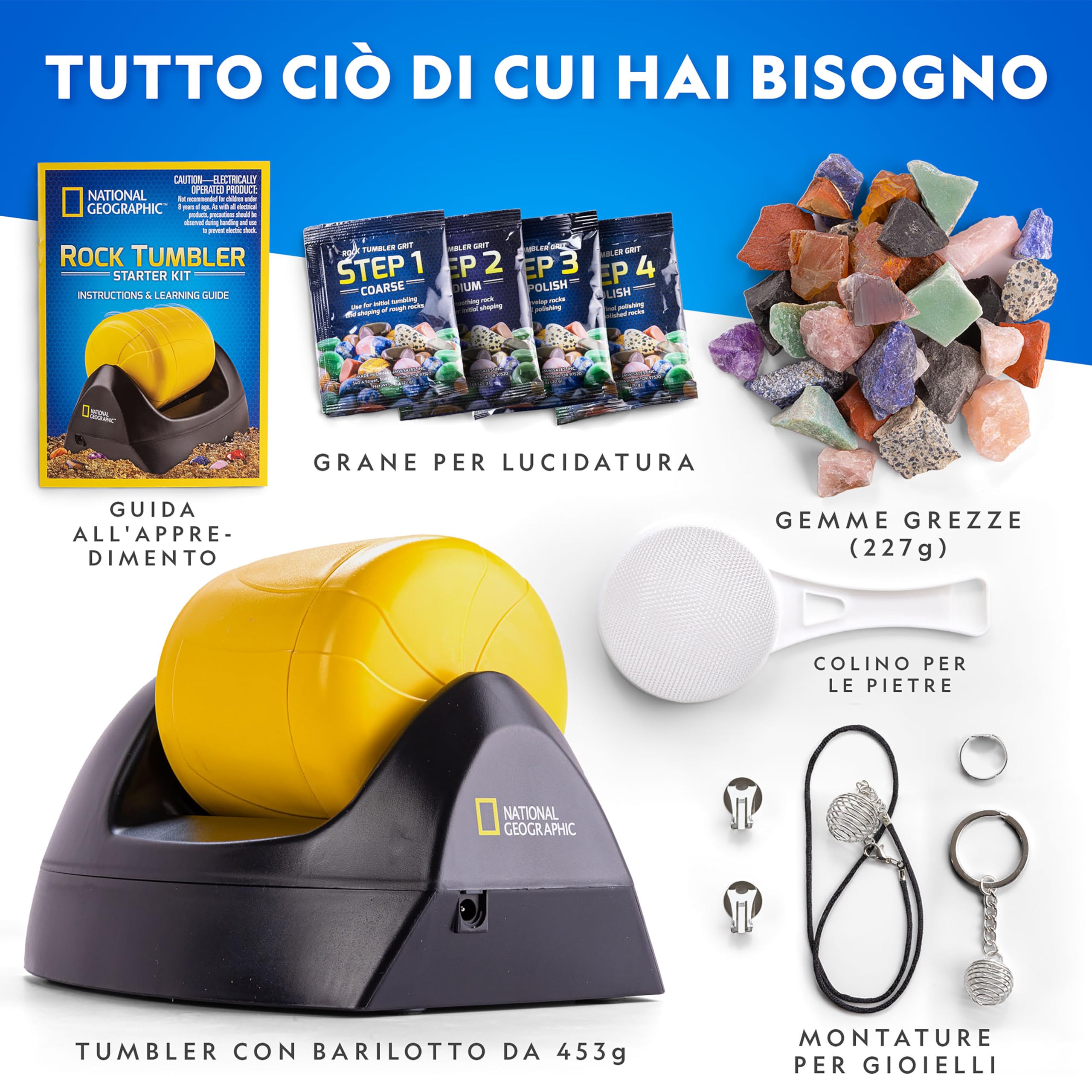 NATIONAL GEOGRAPHIC – Kit di Levigatura per Iniziare con Rocce Grezze – Barile Resistente e a Prova di Perdite, 227 g di Pietre, Abrasivi, 5 Accessori per Gioielli