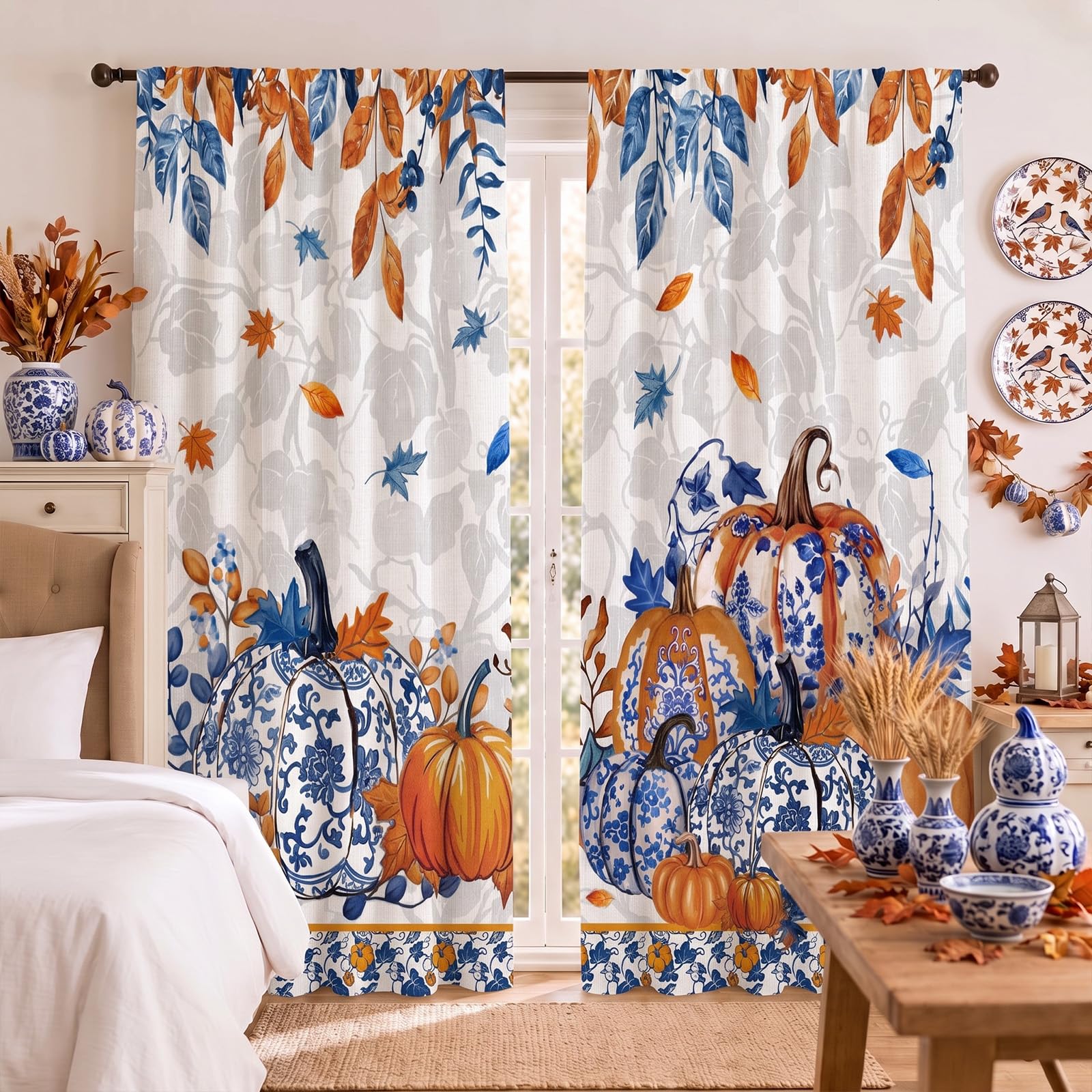 SmoothNovelty 2 Pcs Fall Curtains for Living Room Chinoiserie Pumpkin