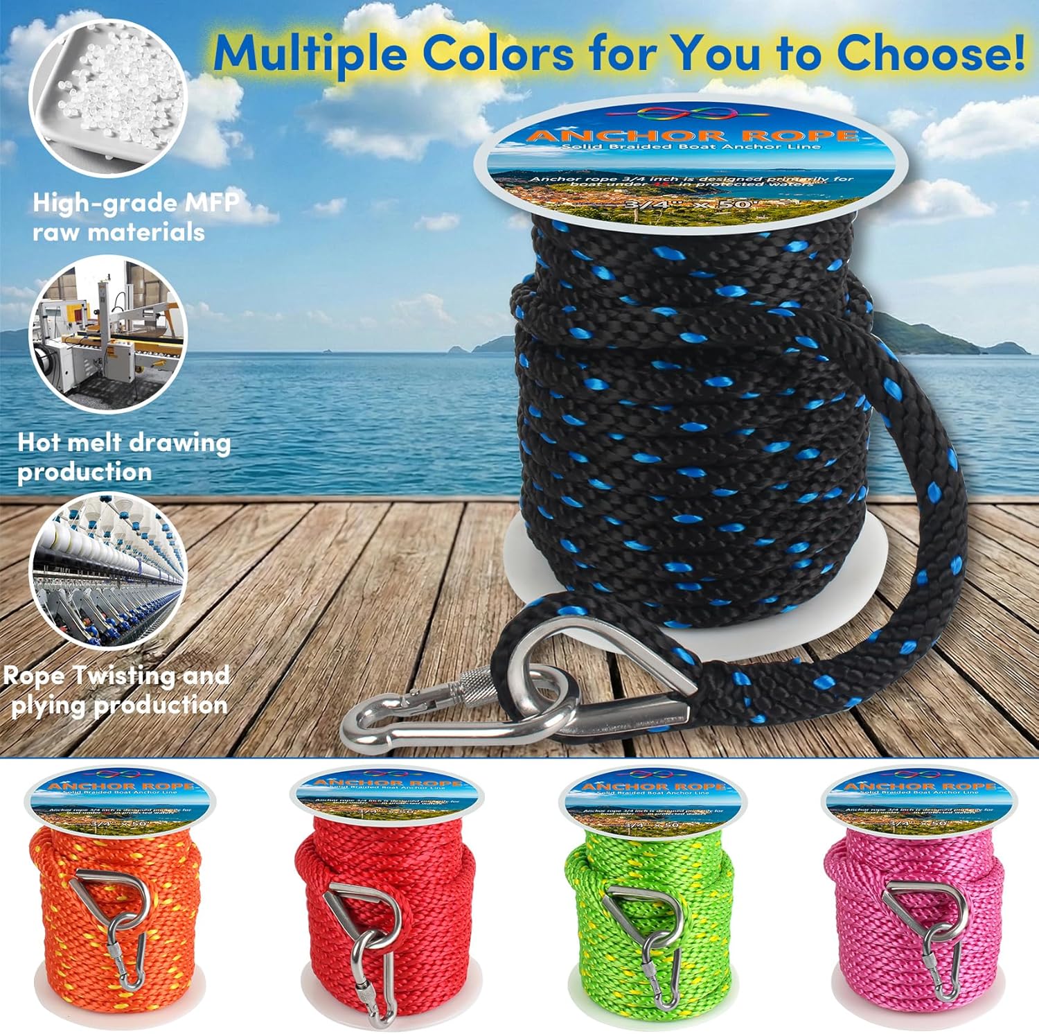 Anchor Rope 3/4 Inch 50 FT, Boat Anchor Rope Solid Braid MFP, Anchor Line with 316 Stainless Steel Thimble & Snap Hook for Towing Mooring Docking Anchoring Boats Up to 45' - Black & Lake Blue