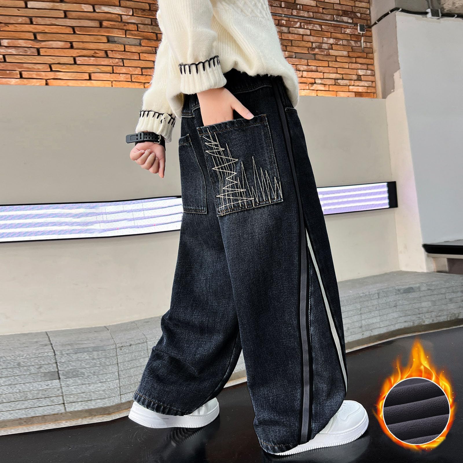 Pantalones Vaqueros de Invierno con Forro Polar para niños, cálidos y Gruesos, para niños y, Pantalones Vaqueros Casuales de otoño con Ajuste cómodo.