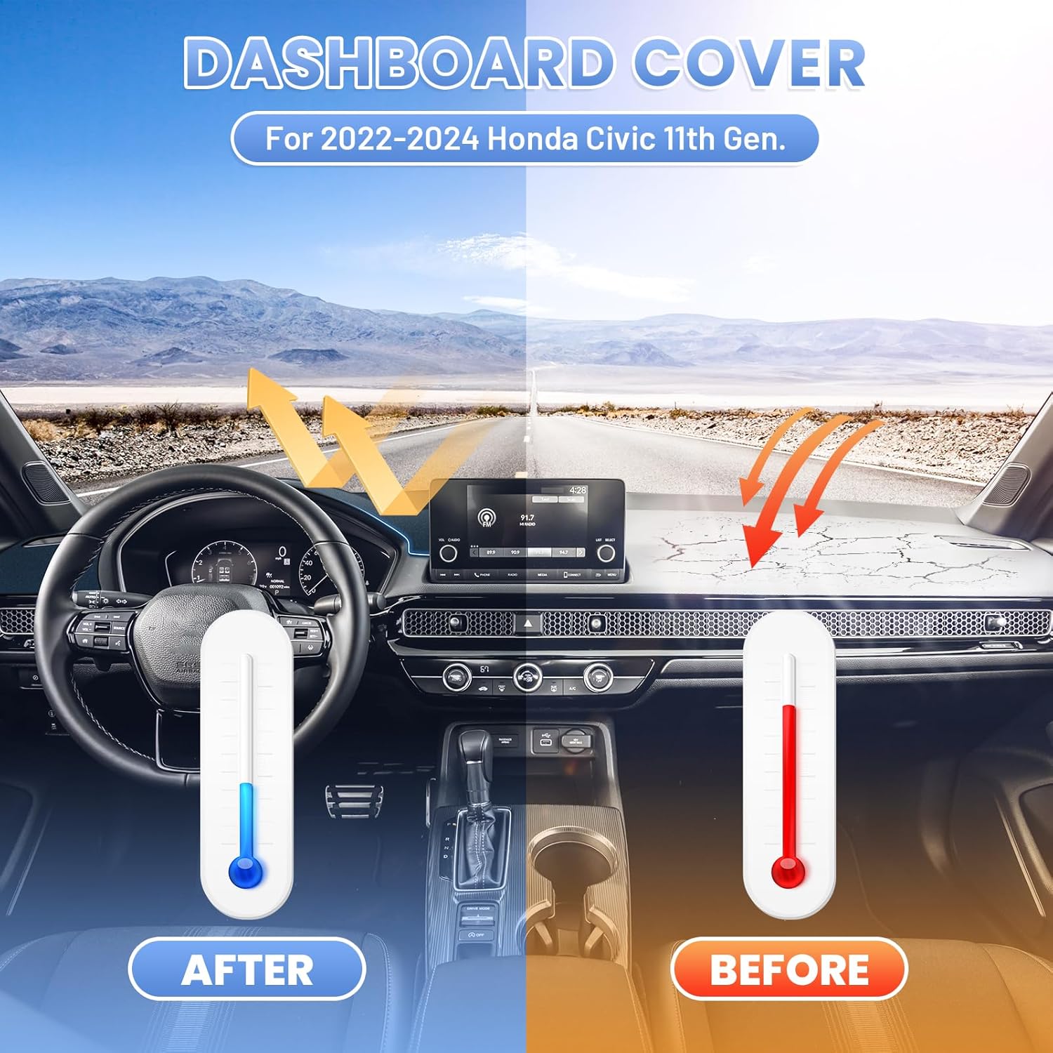 Sunsdrew Civic Dash Cover for 2022-2025 2026 Honda Civic Dashboard Cover Mat for Civic Accessories Sunshade Non-Slip Protector Anti-Glare&Beat the Heat