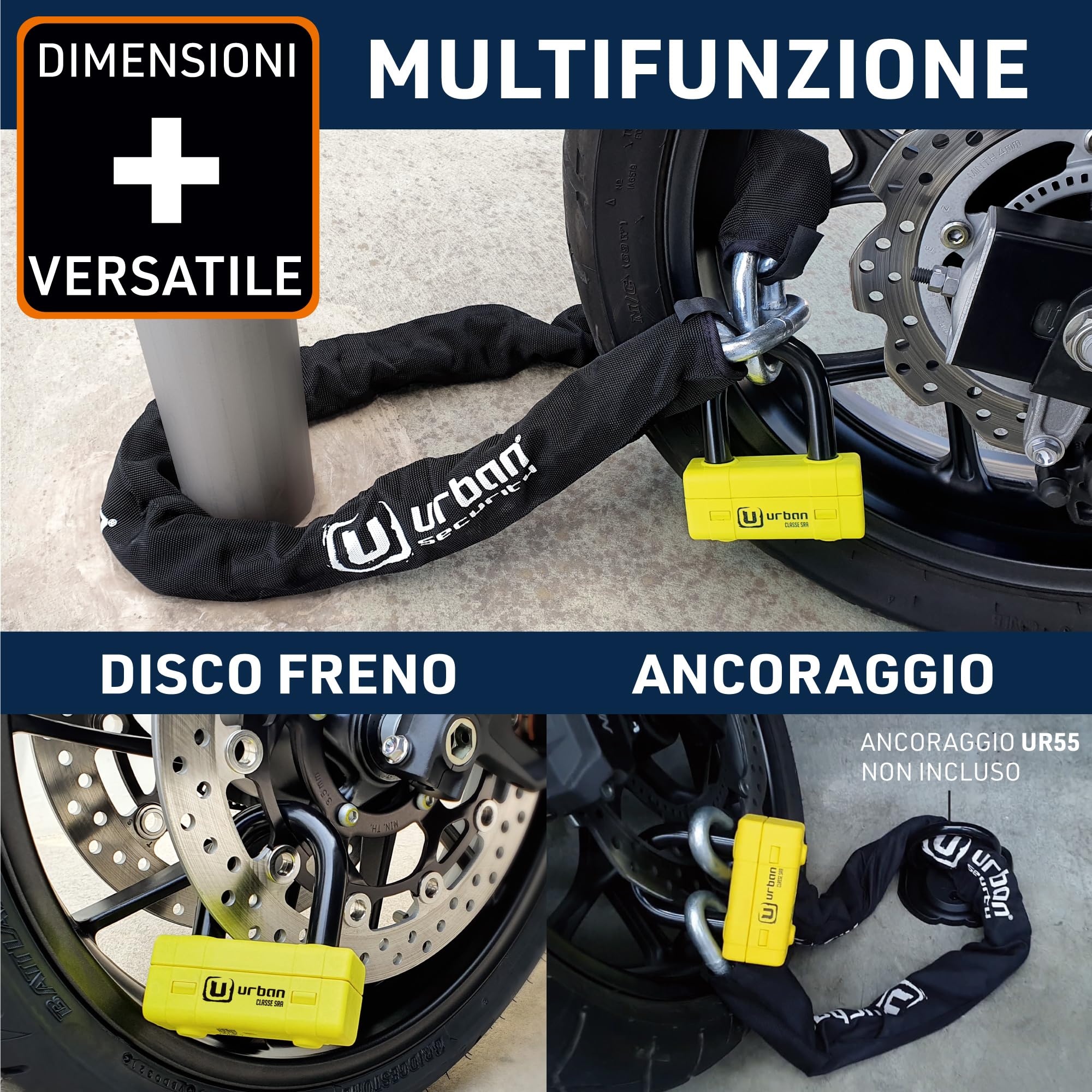 URBAN UR75120 Lucchetto Catena Antifurto Moto Alta Sicurezza Omologato Classe SRA, Mini U Blocca Disco + Catena ø15, 120 cm