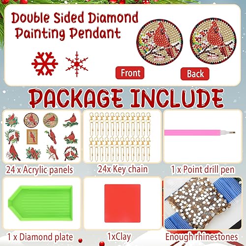 Miniatura 3 de Outus 24 llaveros de pintura de diamante de pájaros rojos de Navidad, arte de diamantes de pájaro rojo, arte de diamantes 5D, llaveros decorativos