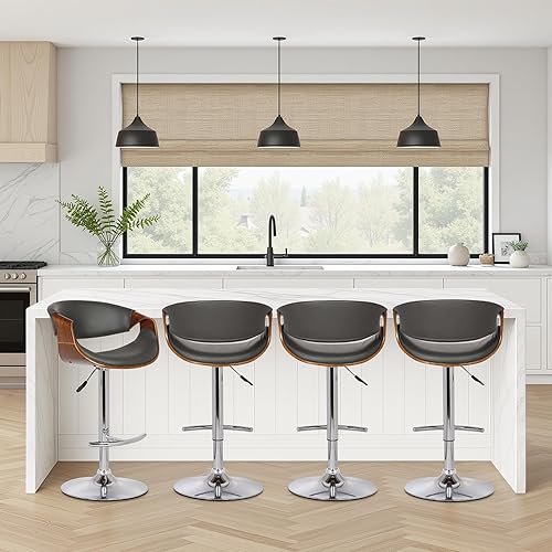 Vista 30 de Armen Living Taburete de bar ajustable giratorio de mariposa en piel sintética gris y acabado de madera de nogal