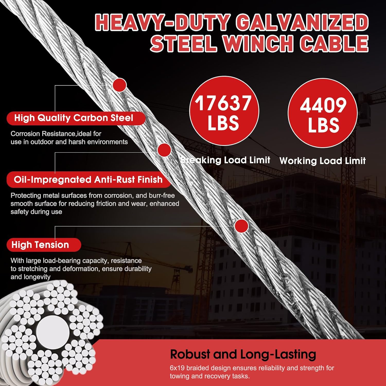 Steel Winch Cable,3/8" x 75' Wire Rope with Swivel Hook,17637 Lbs Breaking Strength,6x19 Strand Core Steel Towing Cable for Tow Truck,Crane,Wrecker - Image 3