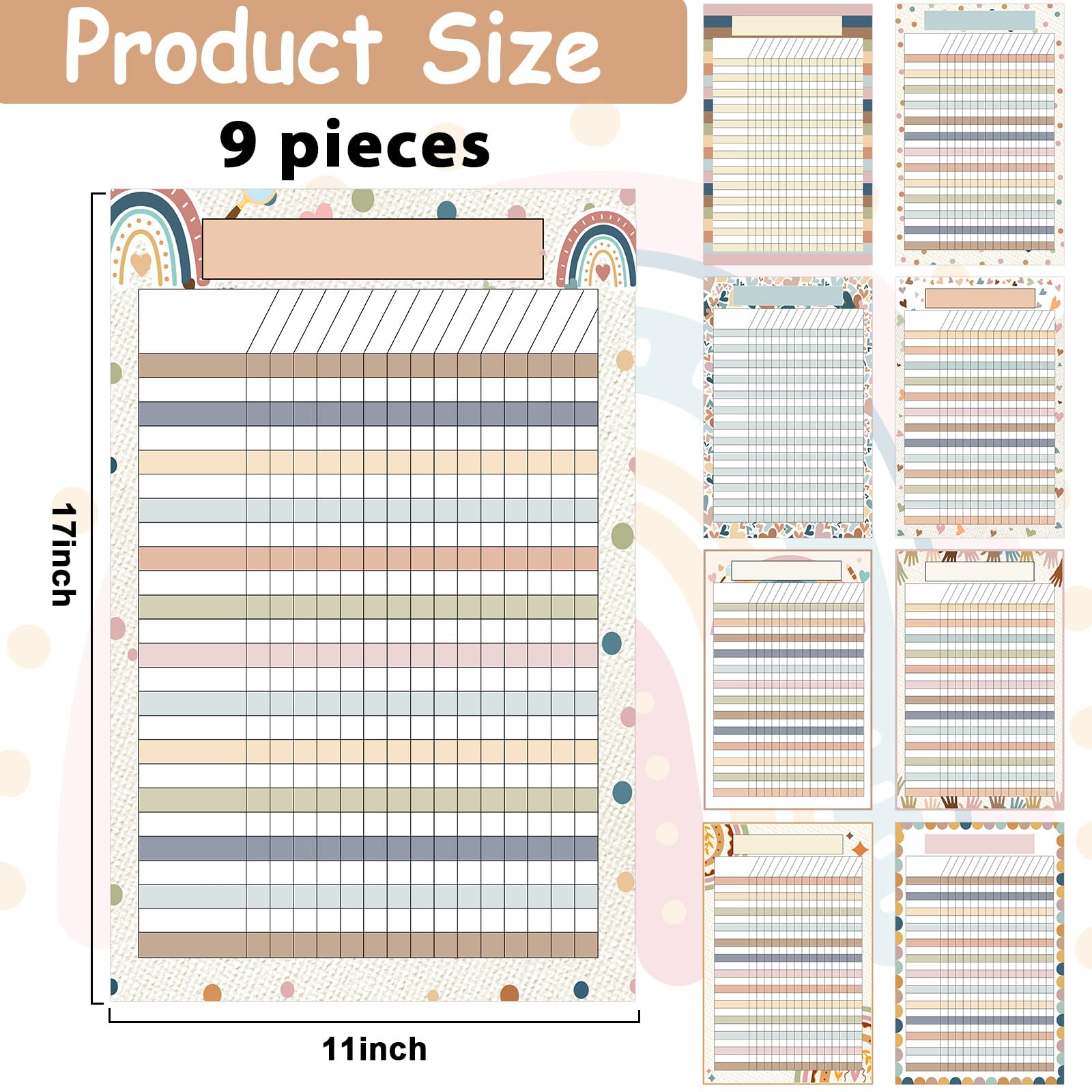 9 PCS Boho Rainbow Classroom Charts Boho Classroom Incentive Chart Homework Data Charts Rainbow Reward Chores Chart for Kids Behavior Learning School Attendance Homework Progress Tracking Pads - Image 2