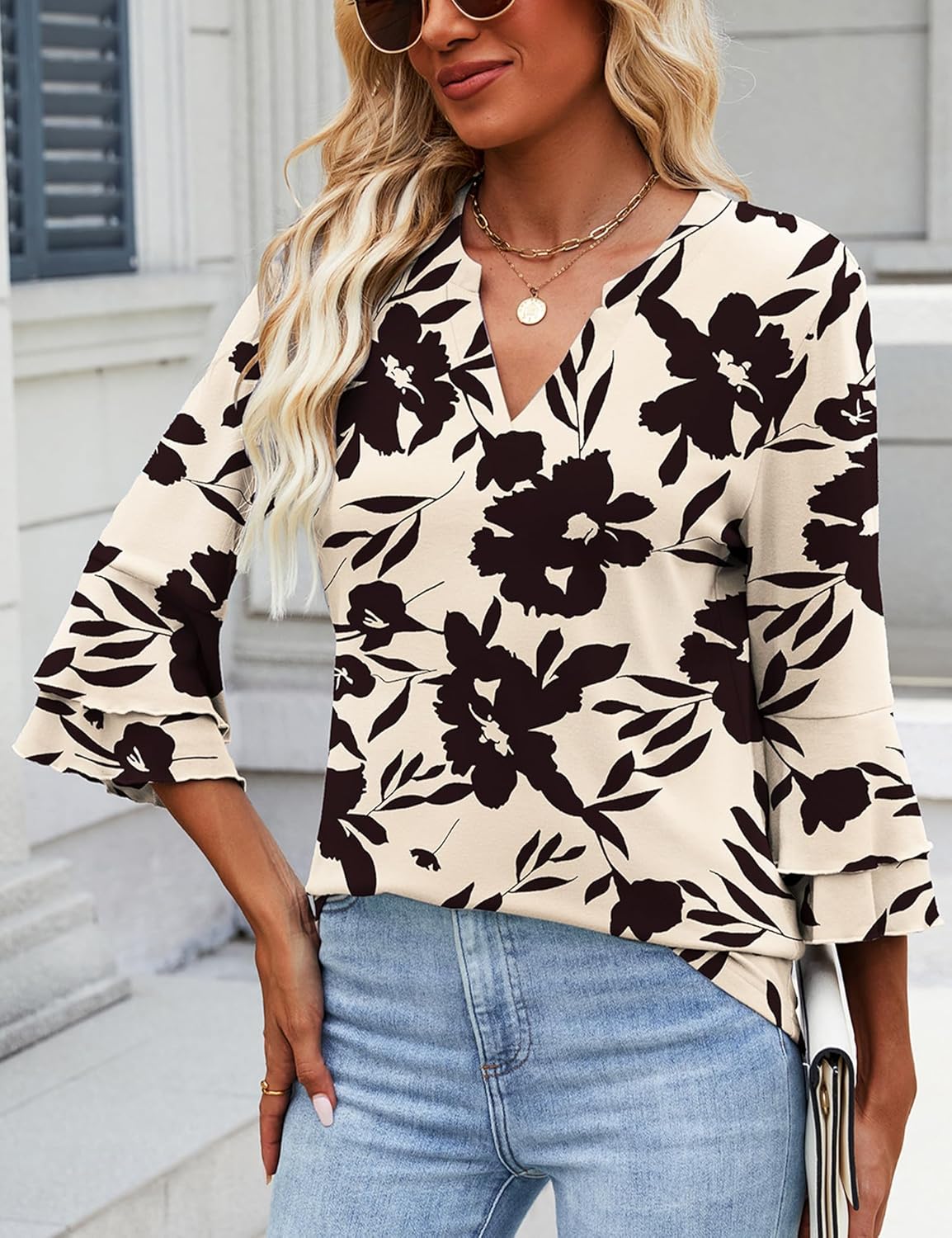 3/4 Length Sleeve Womens Tops V Neck Tunics Ruffle Sleeve Tops Blouses for Women Dressy Casual - Image 2