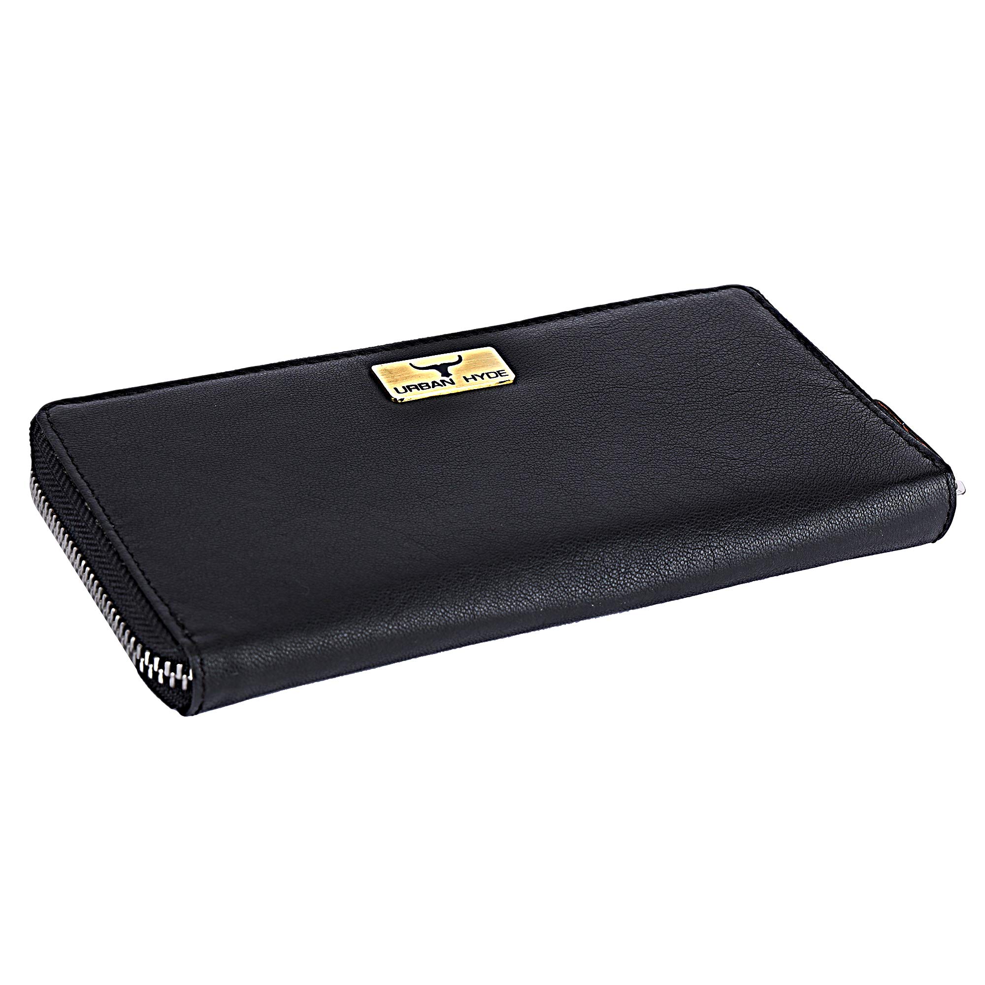 URBAN HYDE Genuine Leather Women Clutch Zip Purse Wallet (Black)