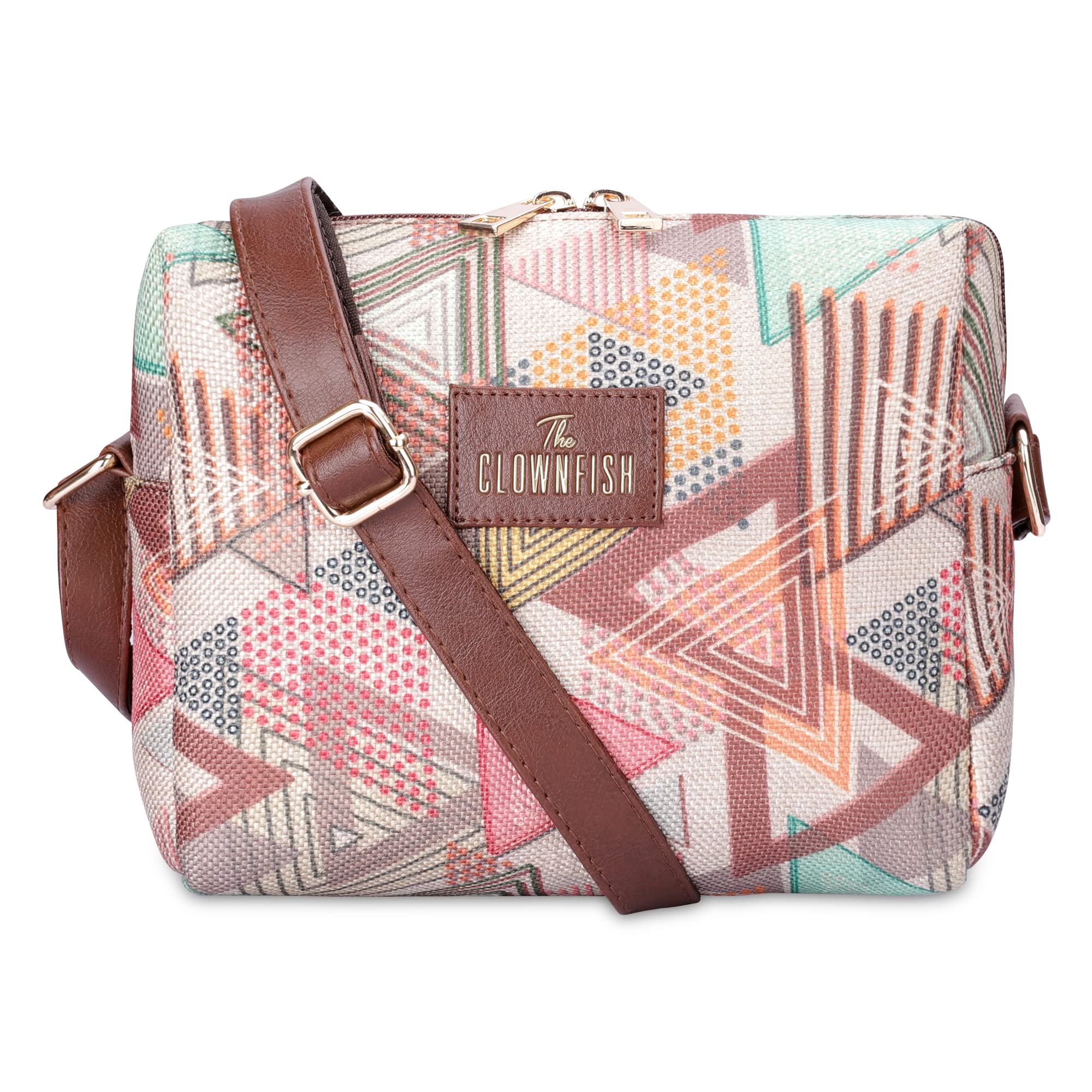 THE CLOWNFISHIsla Printed Handicraft Fabric Crossbody Sling bag for Women Casual Party Bag Purse with Adjustable Shoulder Strap for Ladies College Girls (Multicolour-Triangle Design)
