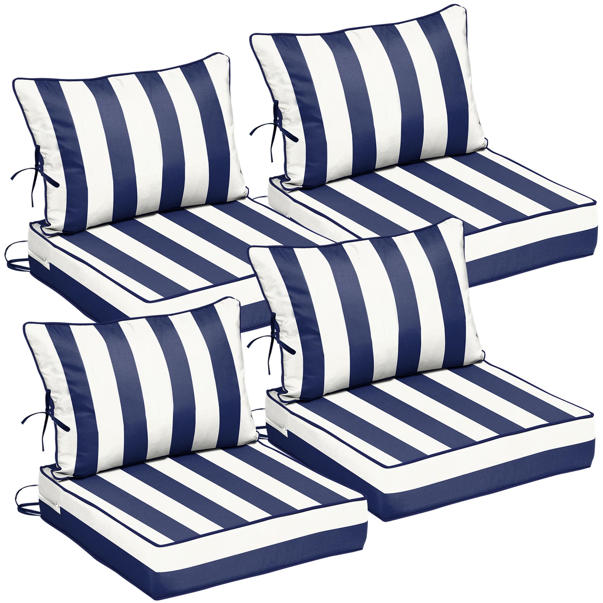25.6x25.6 Outdoor Chair Cushions 4 Set, Waterproof Deep Seat Cushions for Patio Furniture with Removable Cover, Fade Resistant 4'' Outdoor Seat Cushion w/ Ties&amp;Handle for Sofa Loveseat,Blue Stripes