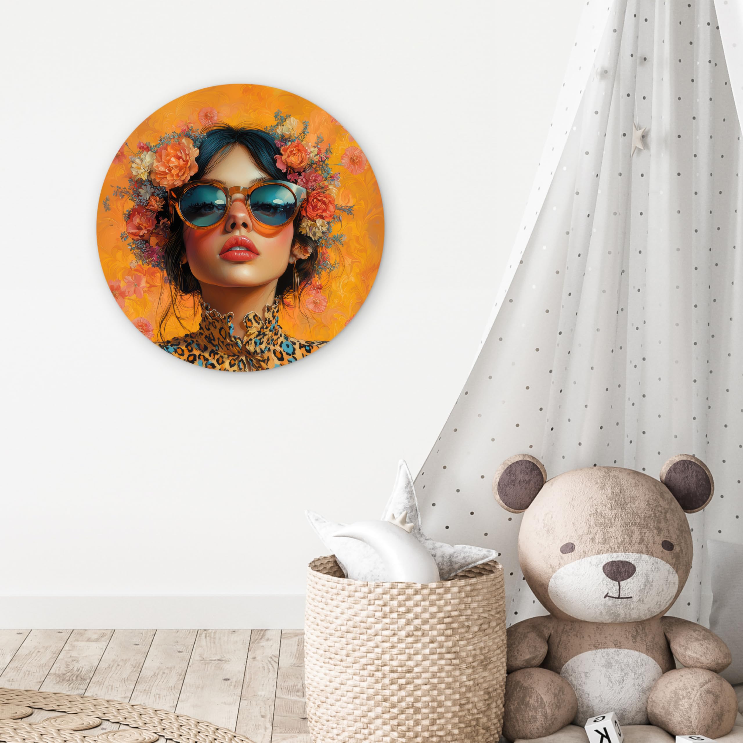 MuchoWow© Wandkreis Ø60 cm Home Decor Modern Dekoration Deko Wandbilder Wanddekoration Zimmerdeko Wohnung Wall XXL Wohnzimmer Schlafzimmer Frau - Blumen - Ästhetik - Orange