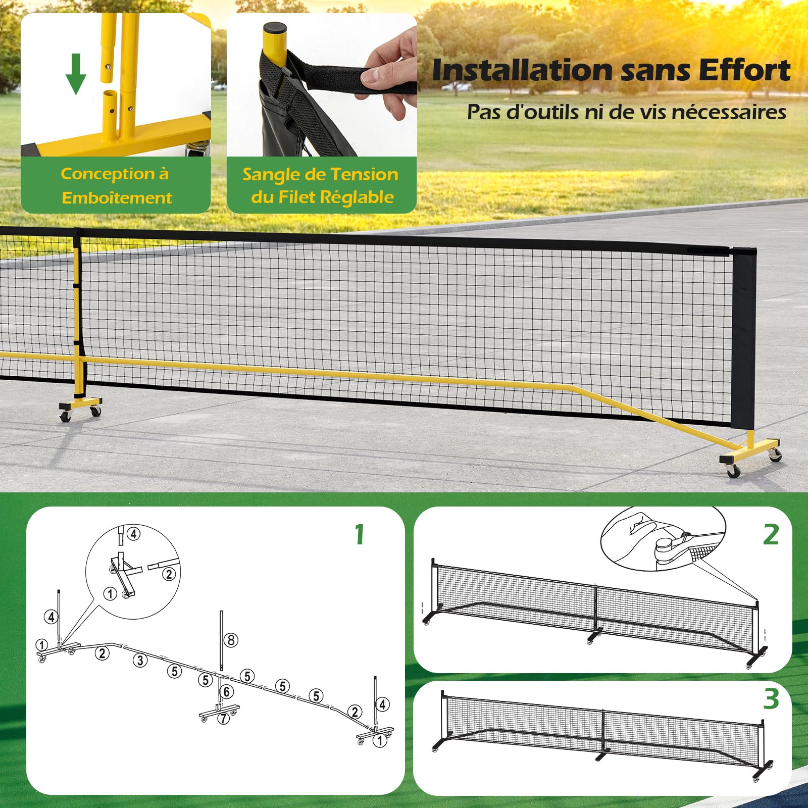 COSTWAY Filet de Pickleball Portable, Filet Badminton Exterieur en PE Résistant avec Cadre Métallique Sac de Transport, pour Intérieur/Extérieur