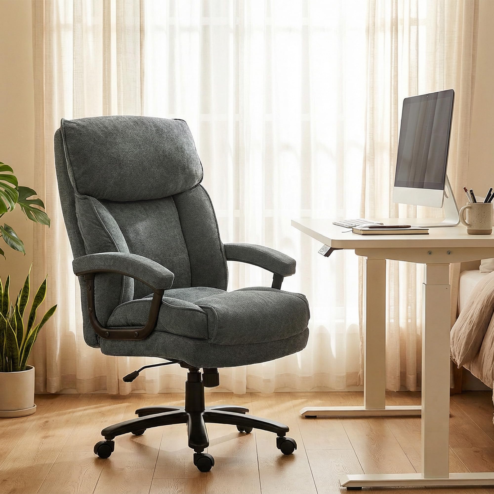 HOMCOM Chefsessel Bürostuhl bis 200 kg Ergonomischer Schreibtischstuhl mit Samtoptik, Hoher Rückenlehne, Höhenverstellbar Drehstuhl mit Breitem Sitz, Wippfunktion, für Büro und Homeoffice Grau