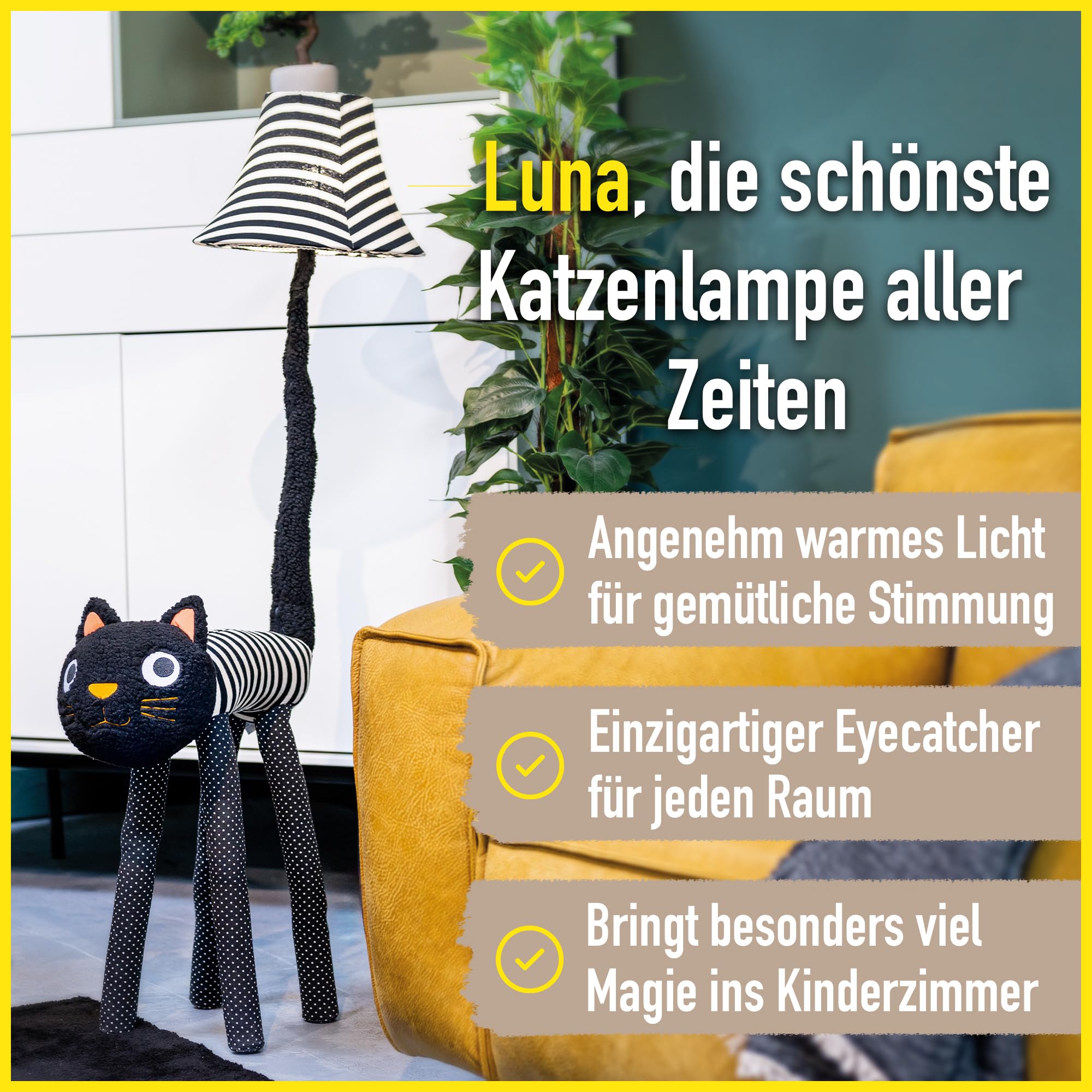 Happy Lamps Luna die Katze LED-Stehlampe 126cm Kinderzimmer Deko | handgefertigt, kindersicher, ideal fürs Kinderzimmer, Geschenkidee