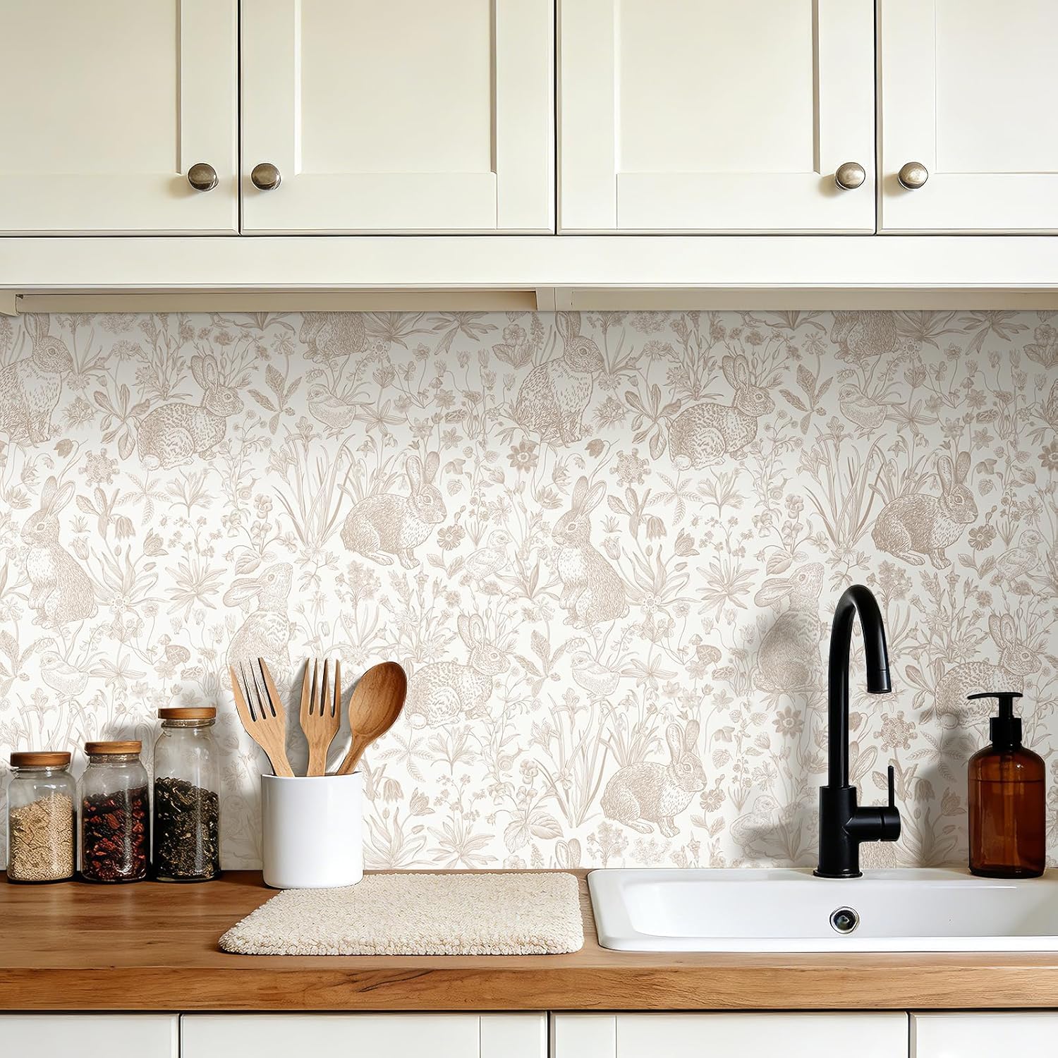 Stickyart 17.5"x276" Neutral Bunny Wallpaper Peel and Stick Bedroom Countryside Cottage Core Bunny Wildflower Contact Paper Vintage Botanical Rabbit Removable Wallpaper Rabbit Wall Paper for Bathroom
