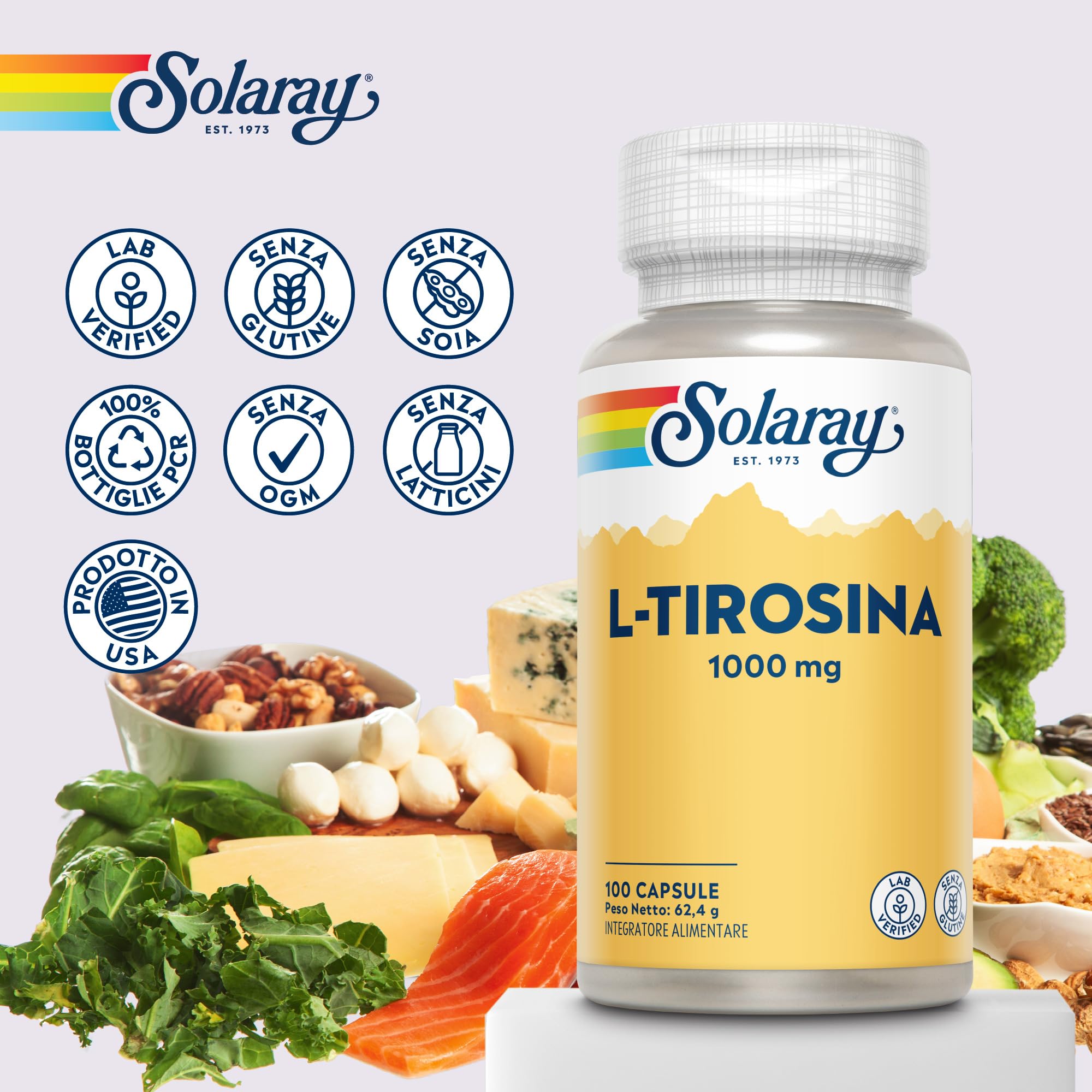 Solaray L-Tirosina 1000mg - 100 Capsule - 500mg di L Tirosina per Capsula - Integratore di Aminoacidi Essenziali - Testata in Laboratorio