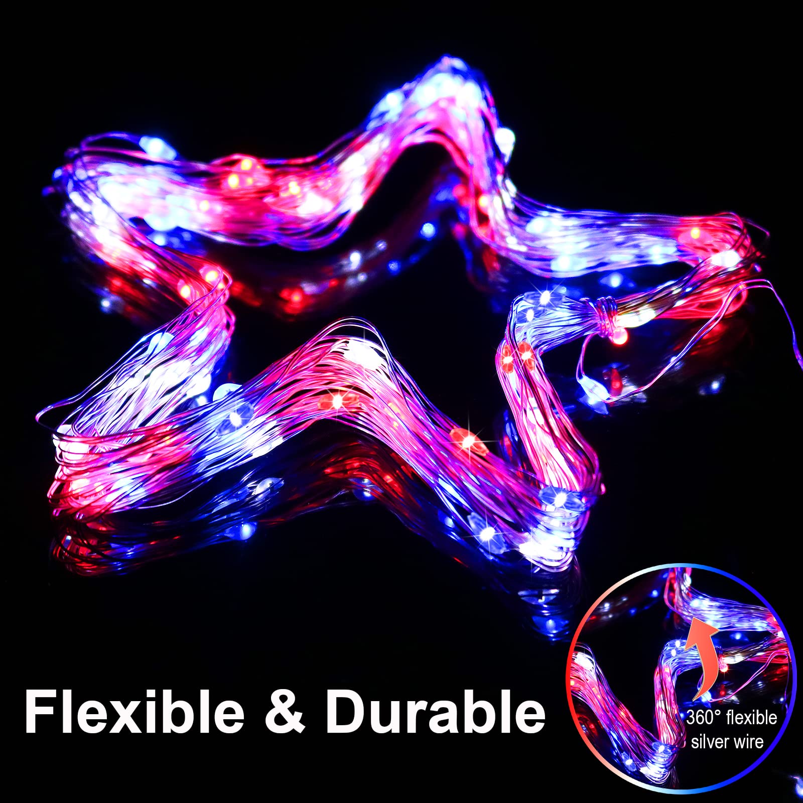 Decorazioni patriottiche del 4 luglio, luci solari rosse bianche blu per esterni, impermeabili, confezione da 2 pezzi, totale 200 LED da 1,8 m, IP67, 8 modalità per giardino, patio, cortile