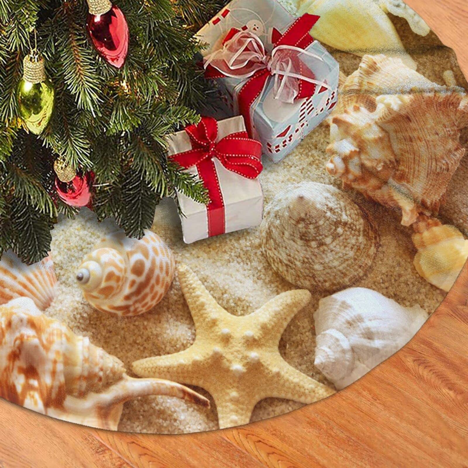 Sea Animals Christmas Tree Skirt for Xmas Holiday Party Supplies Large Tree Mat Decor, Summer Seashell Beach Starfish Ocean Ornaments 30
