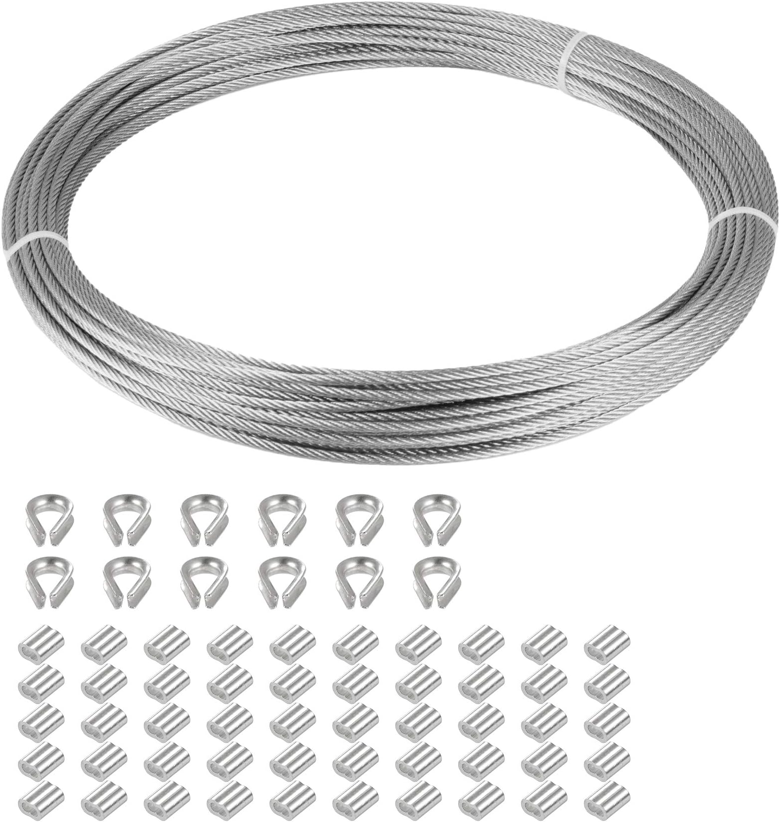 Eowpower 1/16 inch Stainless Steel 316 Aircraft Cable Wire Rope Marine Grade, 33FT Length 7x7 Strand Core with 50Pcs Aluminum Sleeves and 12Pcs Thimbles