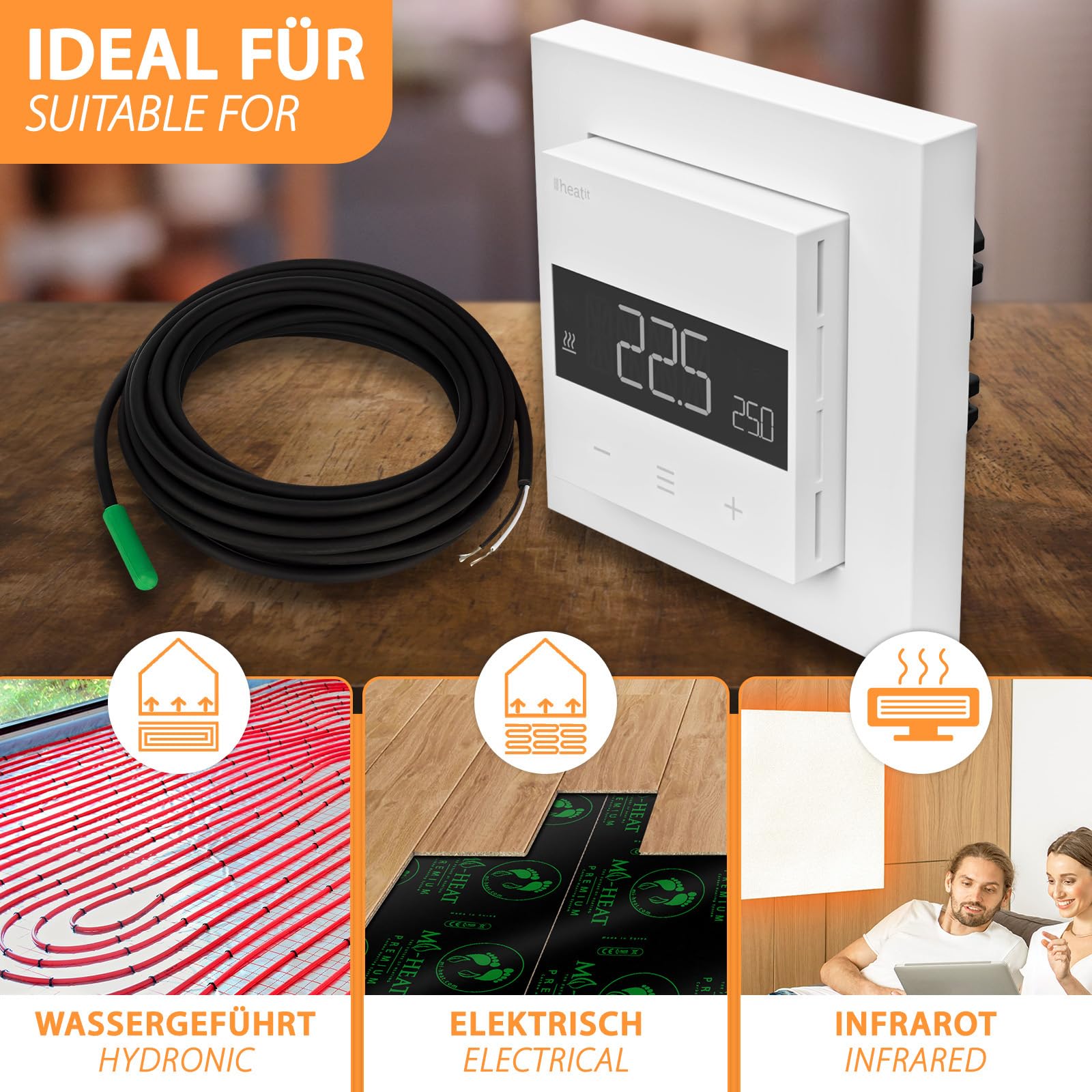 Heatit Z-TRM6 Z-Wave Plus Thermostat Raumregler mit EXT. Sensor für Fußbodenheizung elektrisch und wassergeführt, IR-Heizung, Farbe: weiß RAL 9003