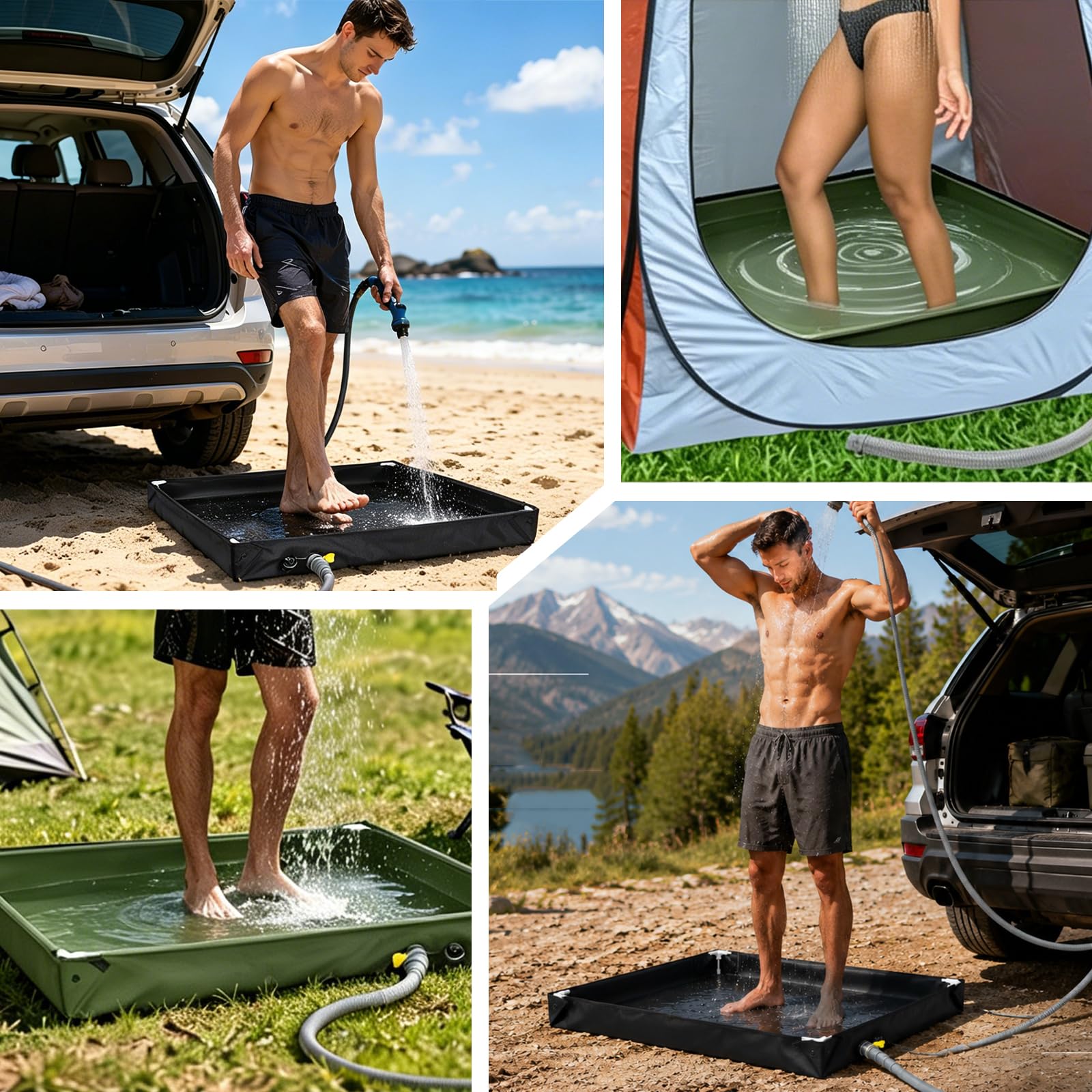 Receveur de douche portable - Base de douche pliable - Bac de douche pliable - Avec tuyau de vidange - 80 x 80 x 10 cm - Oxford durable - Imperméable - Sol de tente - Pour camping - Pour douche