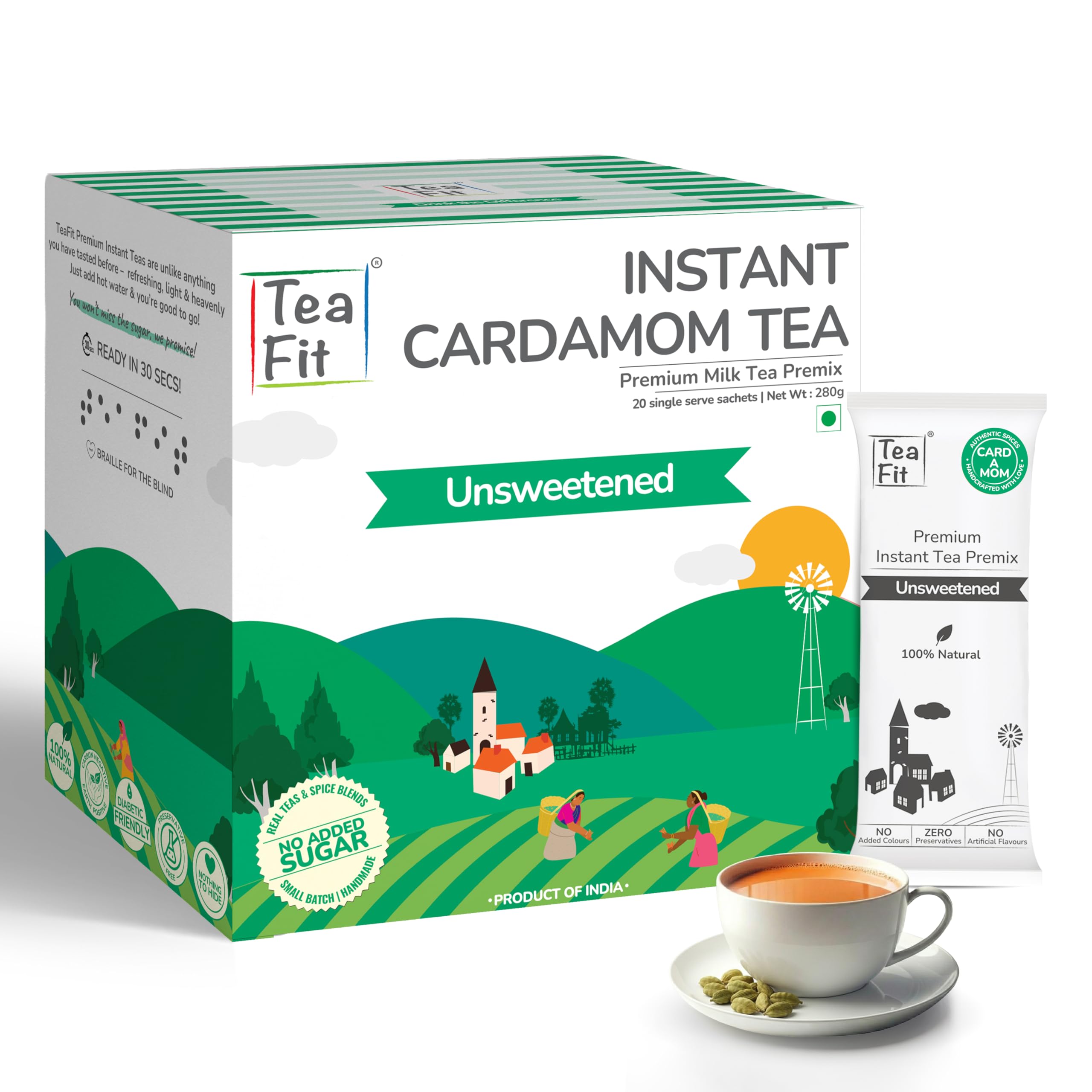 TeaFit Premium NO SUGAR Instant Cardamom Tea Premix | Pack of 20 Sachets (280gm) | Real Milk & Cardamom | Home Style Elaichi Chai | Milk Tea Premix | Diabetic Friendly | No Added Sweeteners