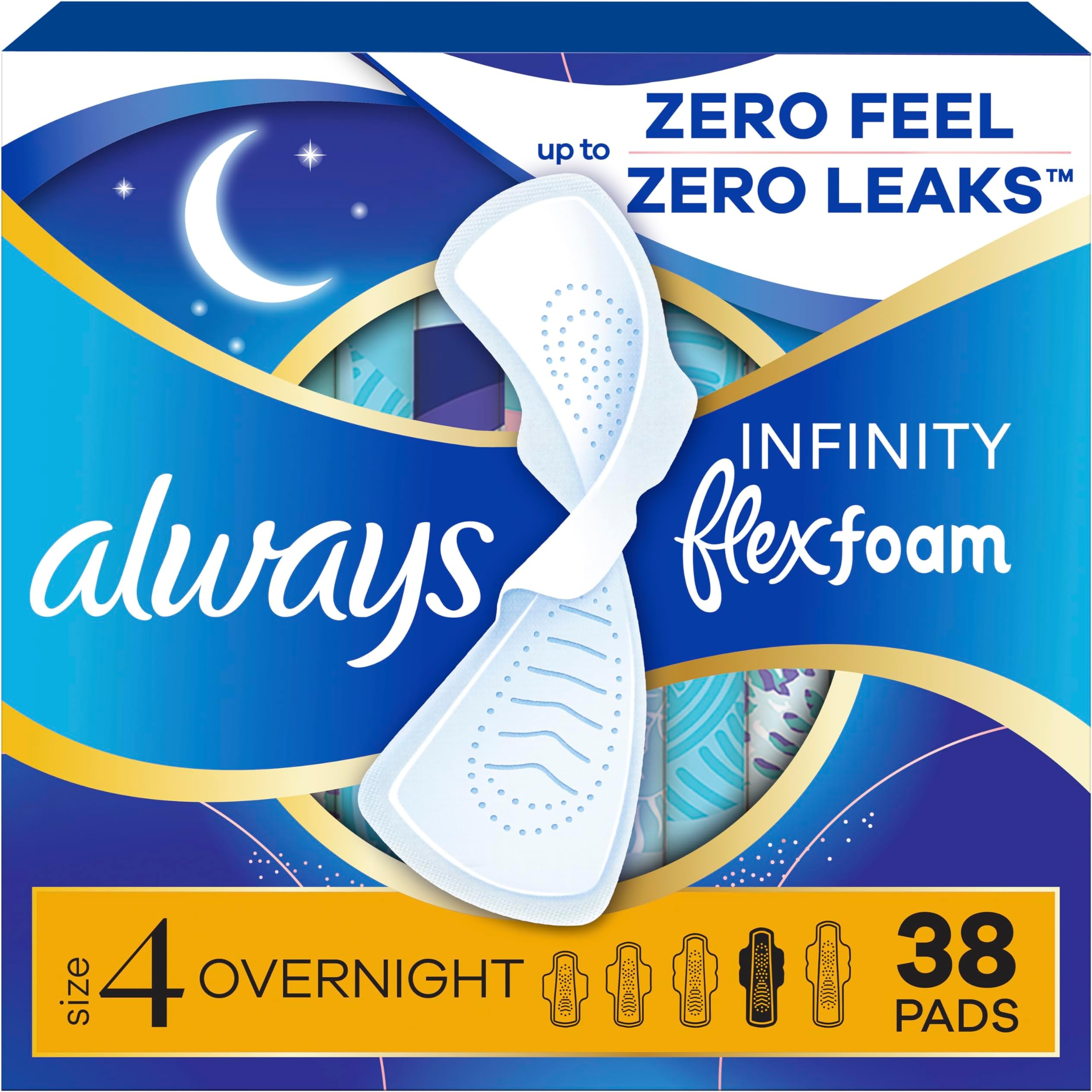 Always Infinity FlexFoam Pads for Women Size 4 Overnight Absorbency, Up to 12 Hours Zero Leaks, Zero Feel Protection, with Wings Unscented, 38 Count