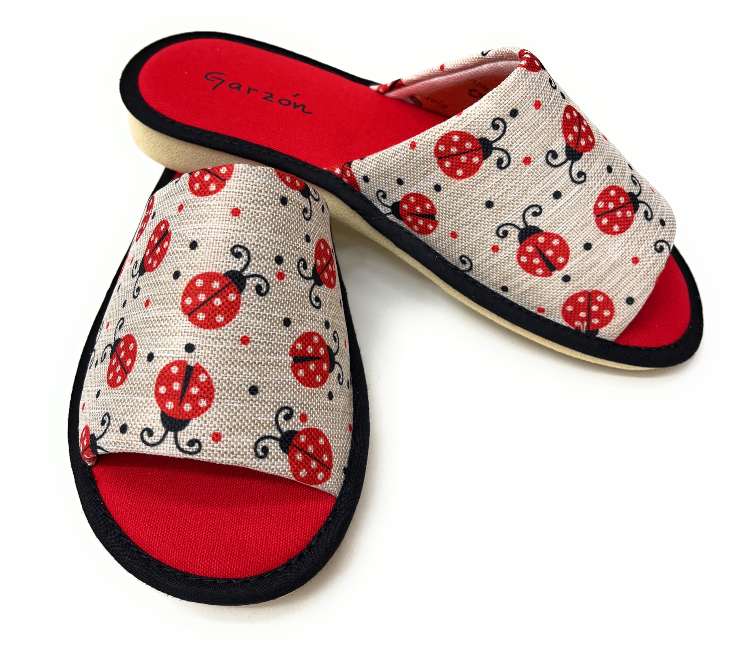 GARZON Garzón.Pantuflas Abiertas para Mujer, Diseño de Mariquitas Rojas,Zapatillas de Casa.Verano.Suela Especial Parquet.
