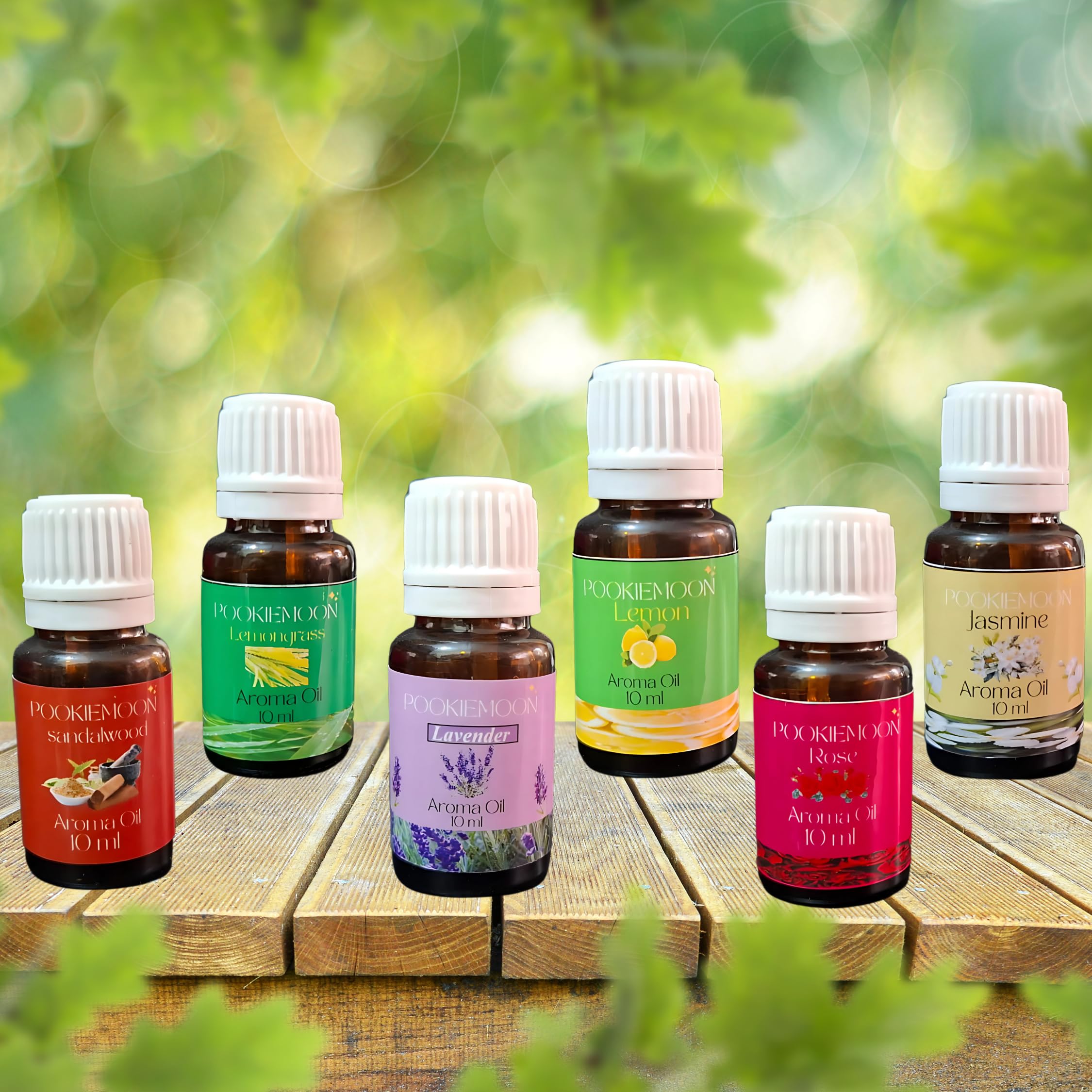Pookiemoon Aroma Oil Set 6 x 10ml | Lemongrass, Lavender, Jasmine, Lemon, Sandalwood, Rose | Fragrance Oils for Burners, Diffusers & Home Use - Image 2 thumbnail