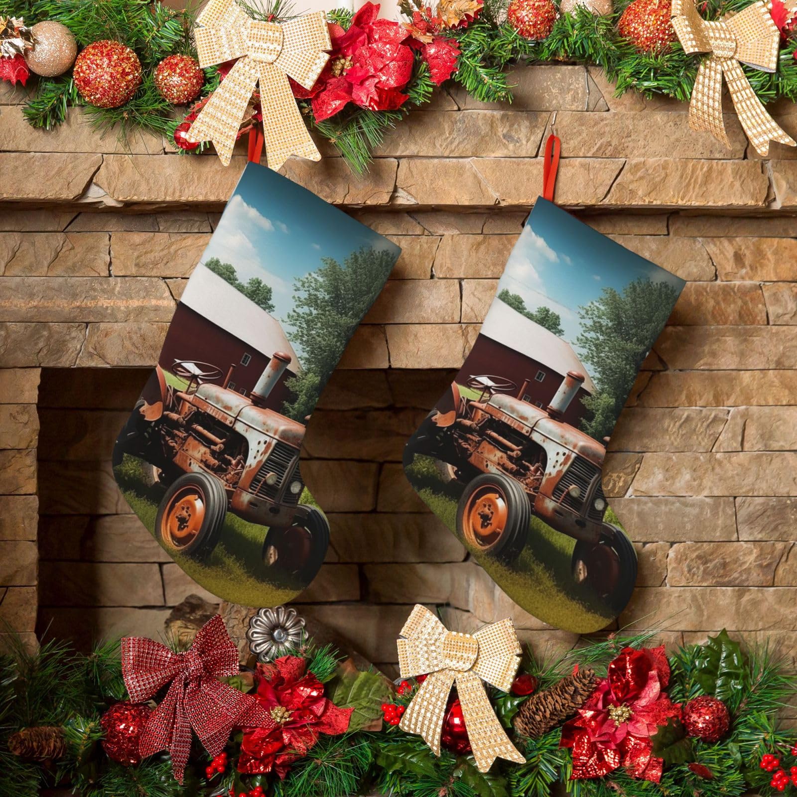 KLOPH Christmas Stockings 18" Personalized Xmas Stocking Company Farm Tractor Decoration Stocking Hanging Fireplace Stocking for Holiday Xmas Tree Christmas Fireplace Decor