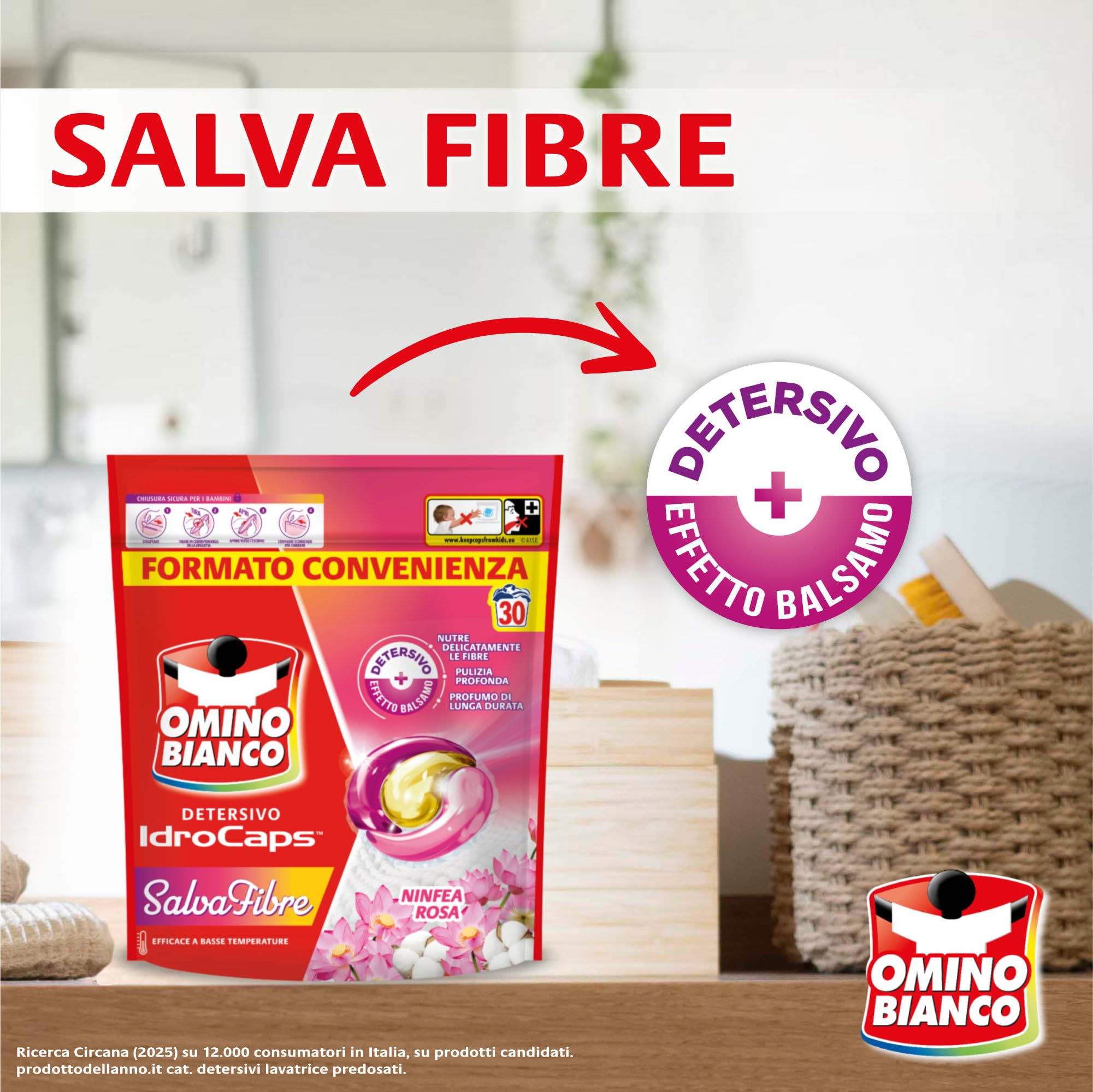 Omino Bianco Idrocaps - Detersivo Lavatrice In Capsule Salva Fibre, 120 Lavaggi, Efficace a Basse Temperature, Profumo Ninfea Rosa, 30 Caps x 4 Confezioni