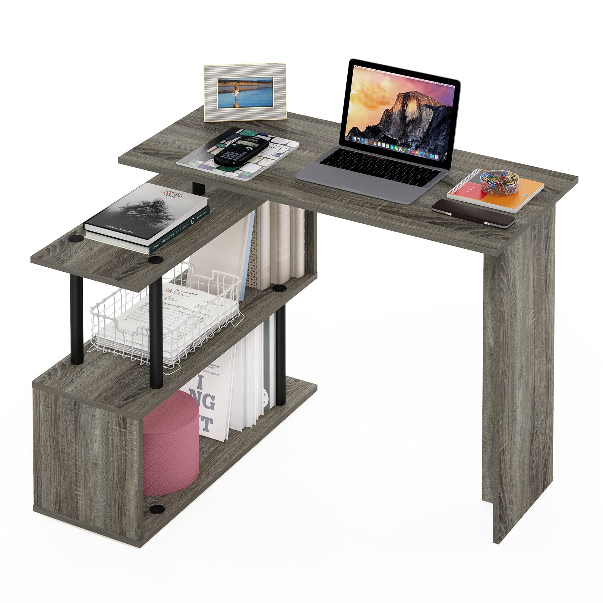Furinno Komputer w kształcie litery L, biurko, do nauki, drewno inżynieryjne, dąb francuski/czarny, 100,1 (szer.) x 72,4 (wys.) x 80 (gł.) cm