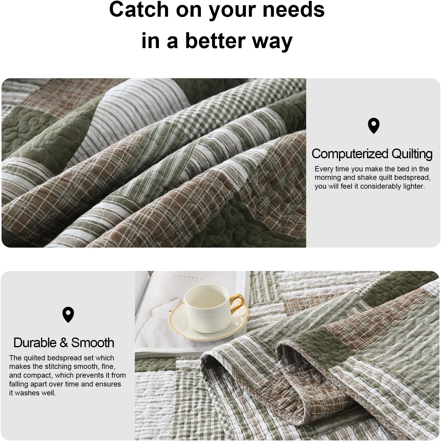 PANGUSHAN 100% Cotton Quilt Set Queen Size, Patchwork Plaid Queen Quilt Bedding Set Bedspreads, Farmhouse Lightweight Comforter Reversible Quilt, Green/Moonbeam Bed Spread for Queen Bed, 3 Pieces - Image 6